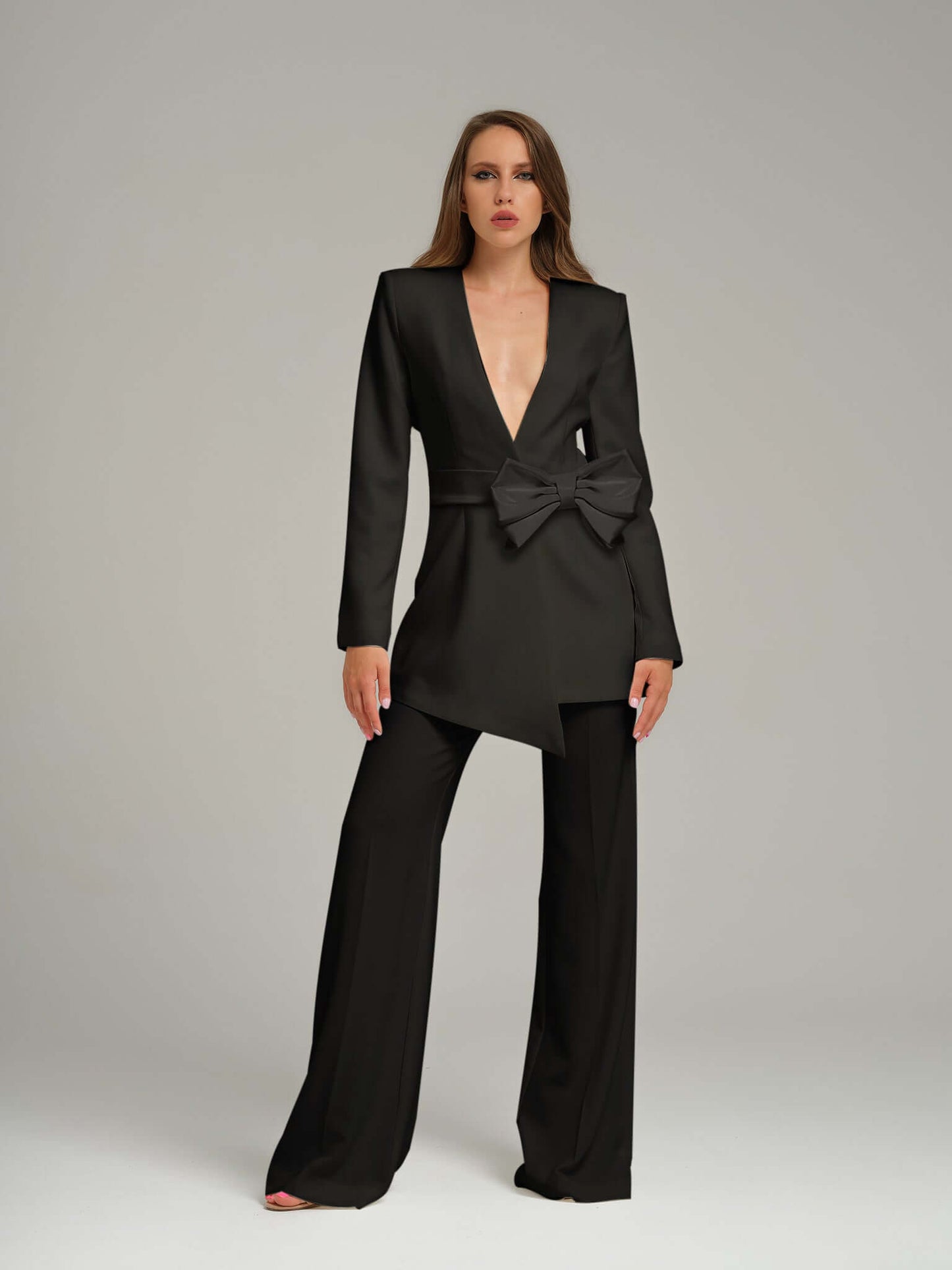 Black Pearl Blazer With Bow Belt