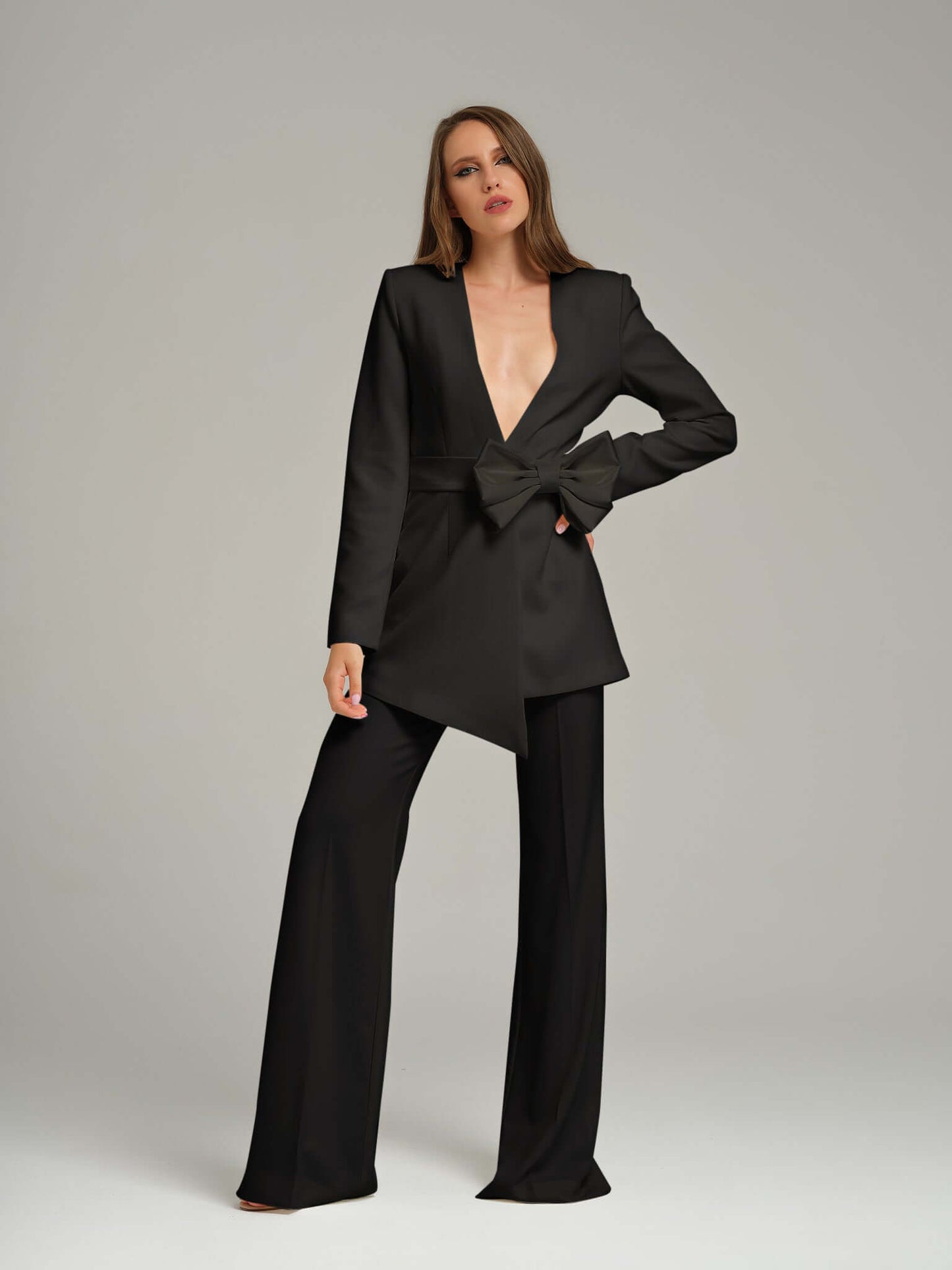 Black Pearl Blazer With Bow Belt