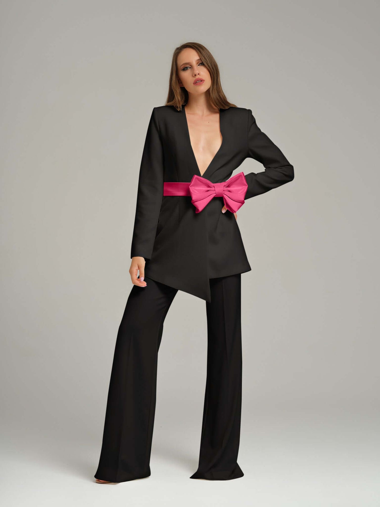 Black Pearl Blazer With Pink Bow Belt
