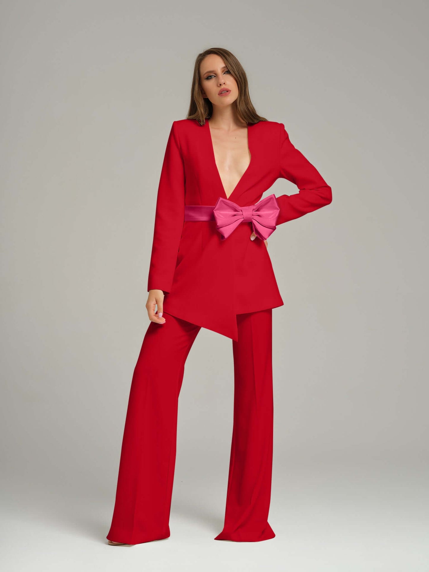 Red Pearl Blazer With Pink Bow Belt