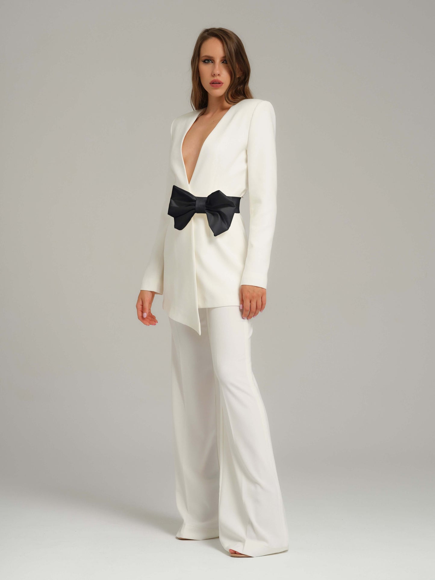 Rare Pearl Blazer With Black Bow Belt by Tia Dorraine Women's Luxury Fashion Designer Clothing Brand