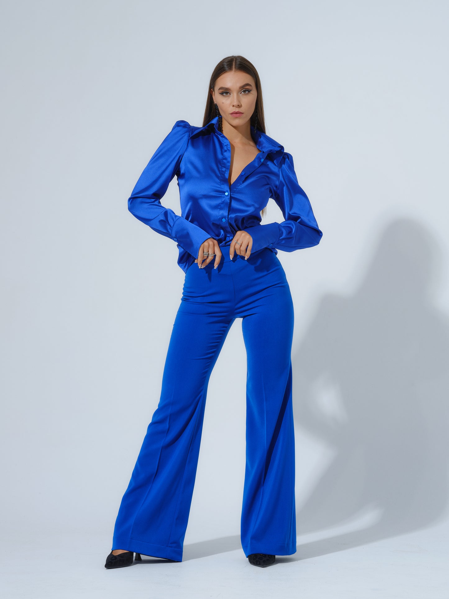 Royal Azure Fitted Satin Shirt by Tia Dorraine Women's Luxury Fashion Designer Clothing Brand