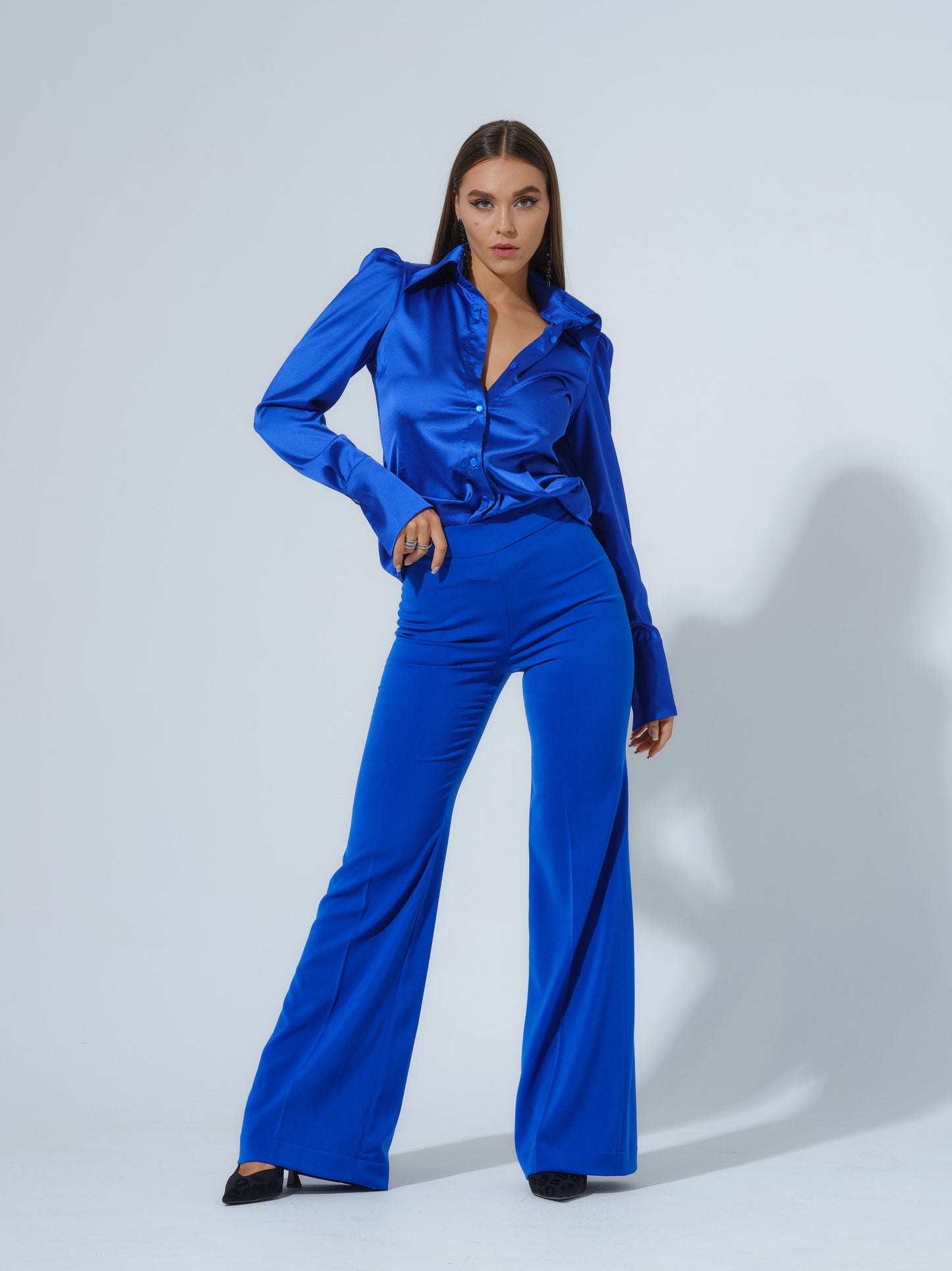 Royal Azure Fitted Satin Shirt by Tia Dorraine Women's Luxury Fashion Designer Clothing Brand
