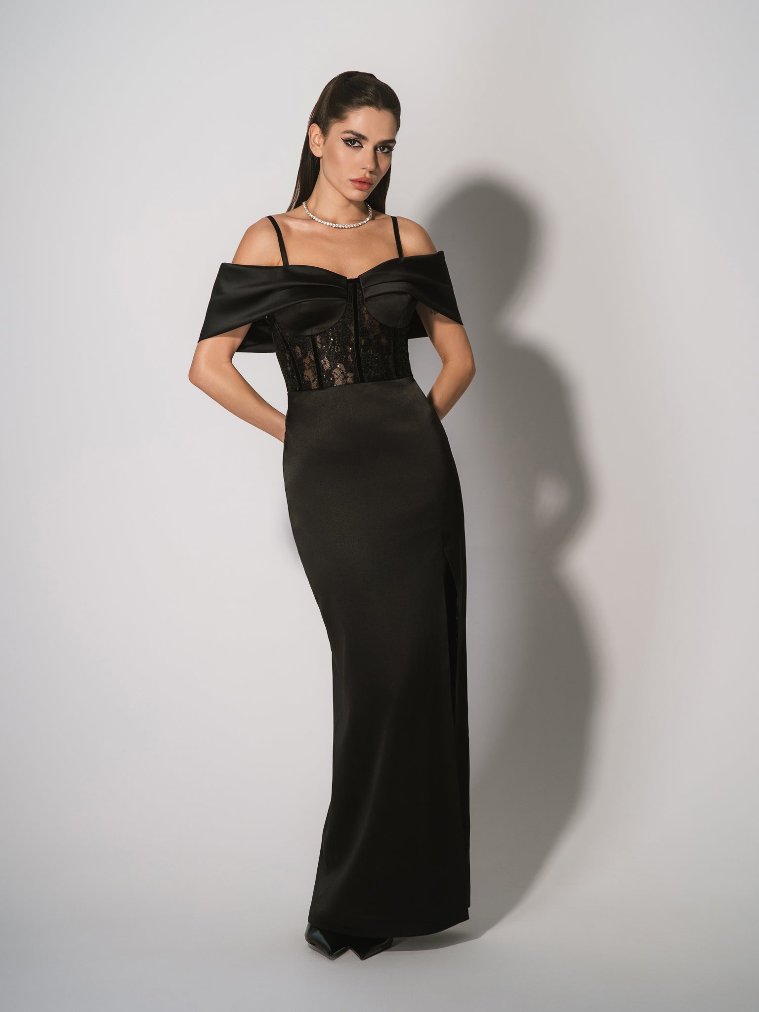 Belle of the Ball Satin Maxi Dress with Lace Corset - Black Belle of the Ball Satin Maxi Dress with Lace Corset - Black