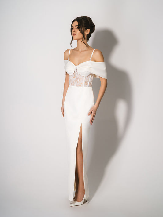 Belle of the Ball Satin Maxi Dress with Lace Corset - Pearl White