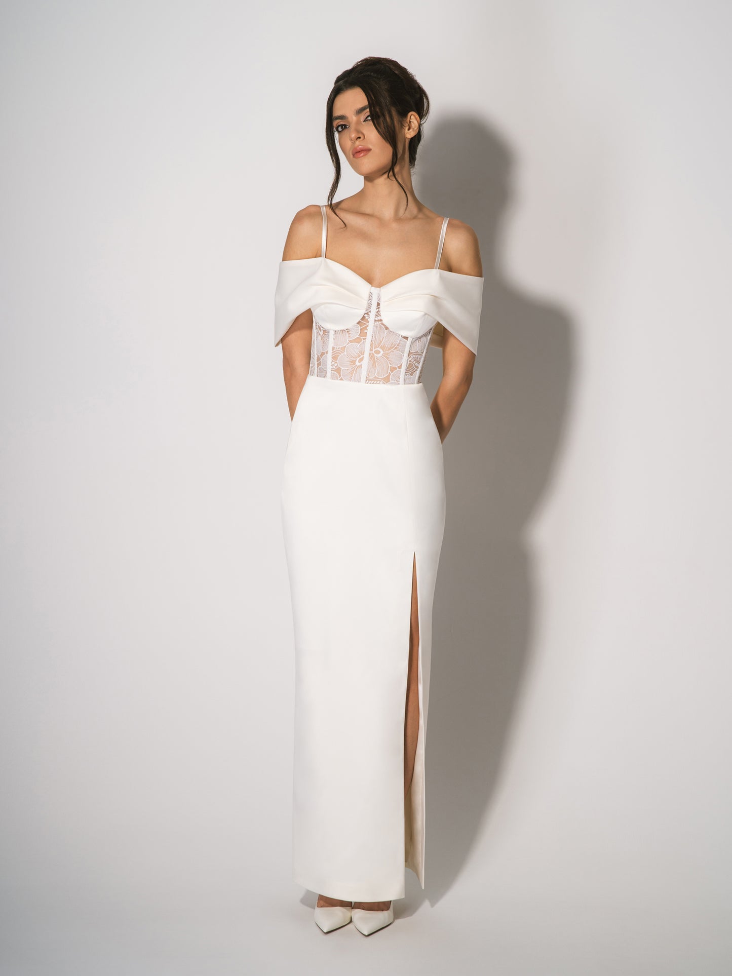 Belle of the Ball Satin Maxi Dress with Lace Corset - Pearl White