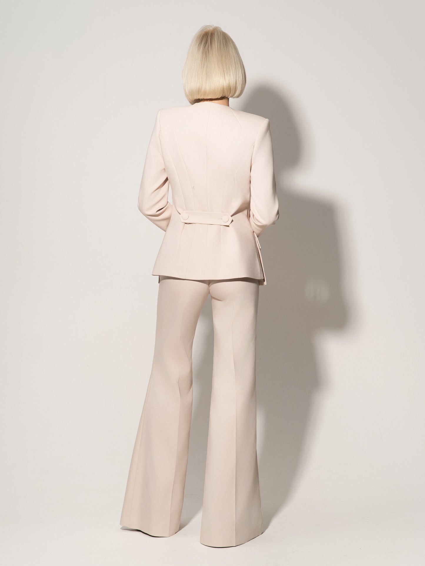 Button Up Collarless Blazer & Flared Trousers Set - Beige