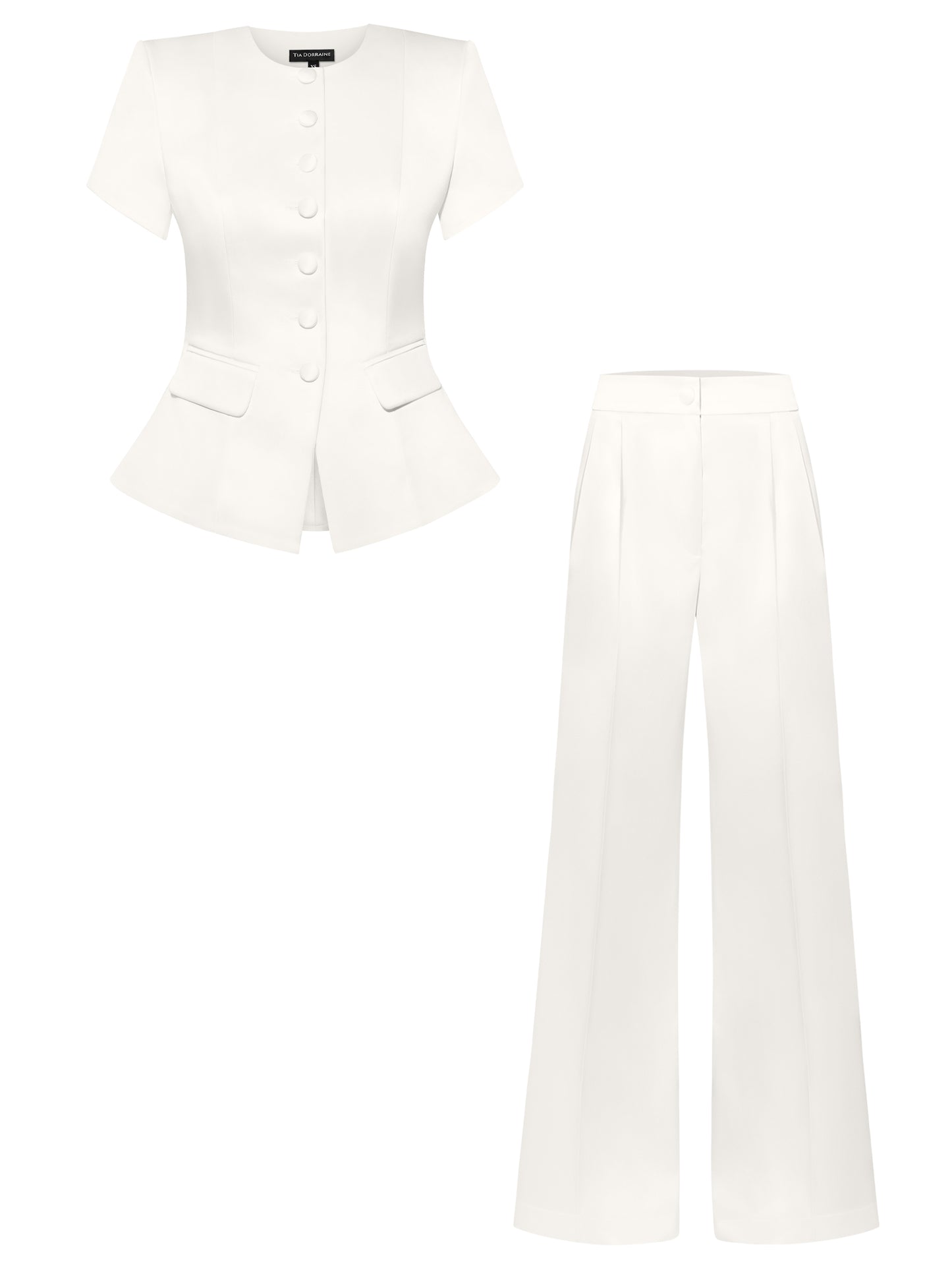 Button Up Short Sleeves Blazer & Trousers Set - Pearl White