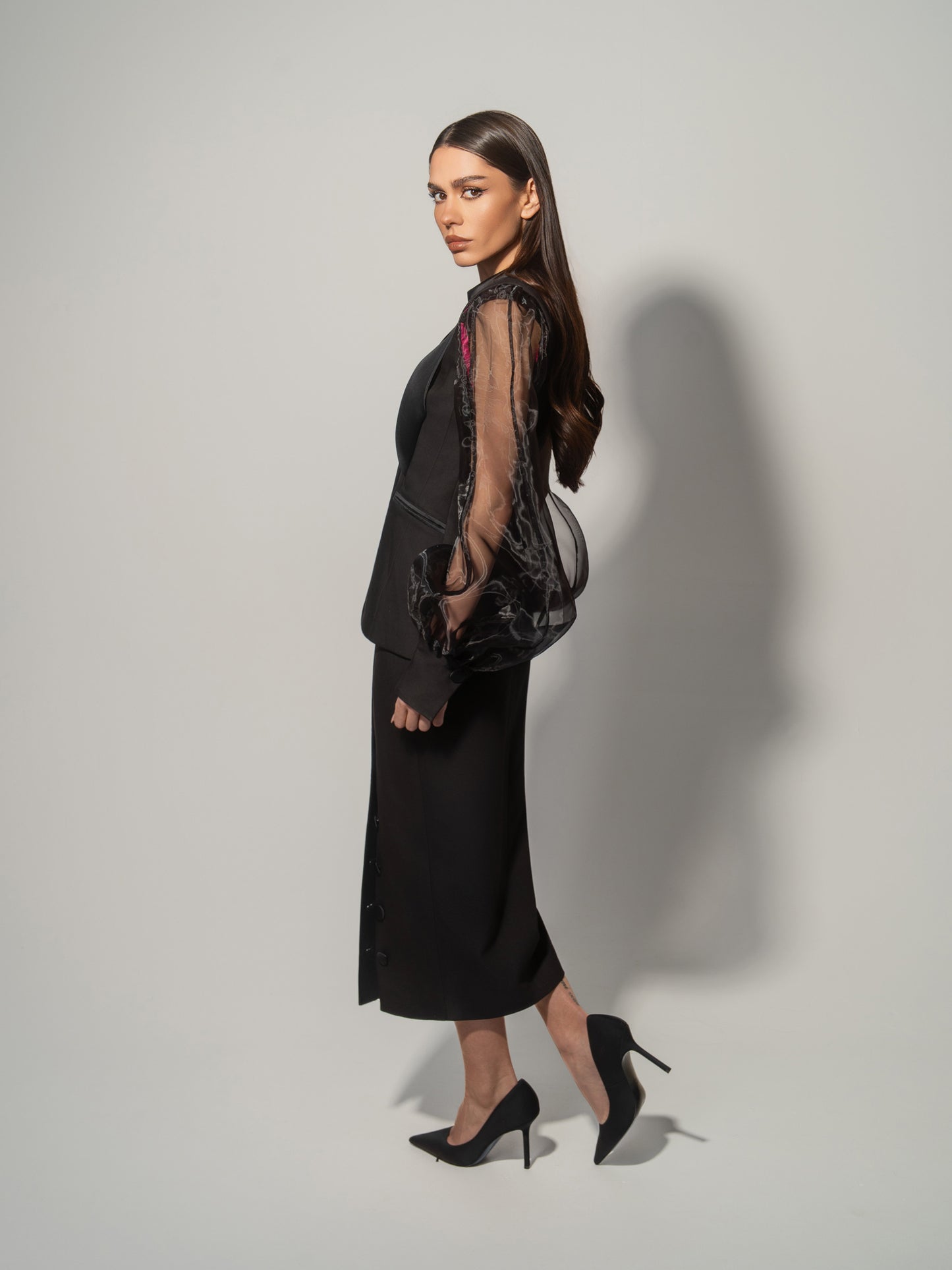 Femme Fatale Tailored Blazer With Organza Sleeves & Skirt Set