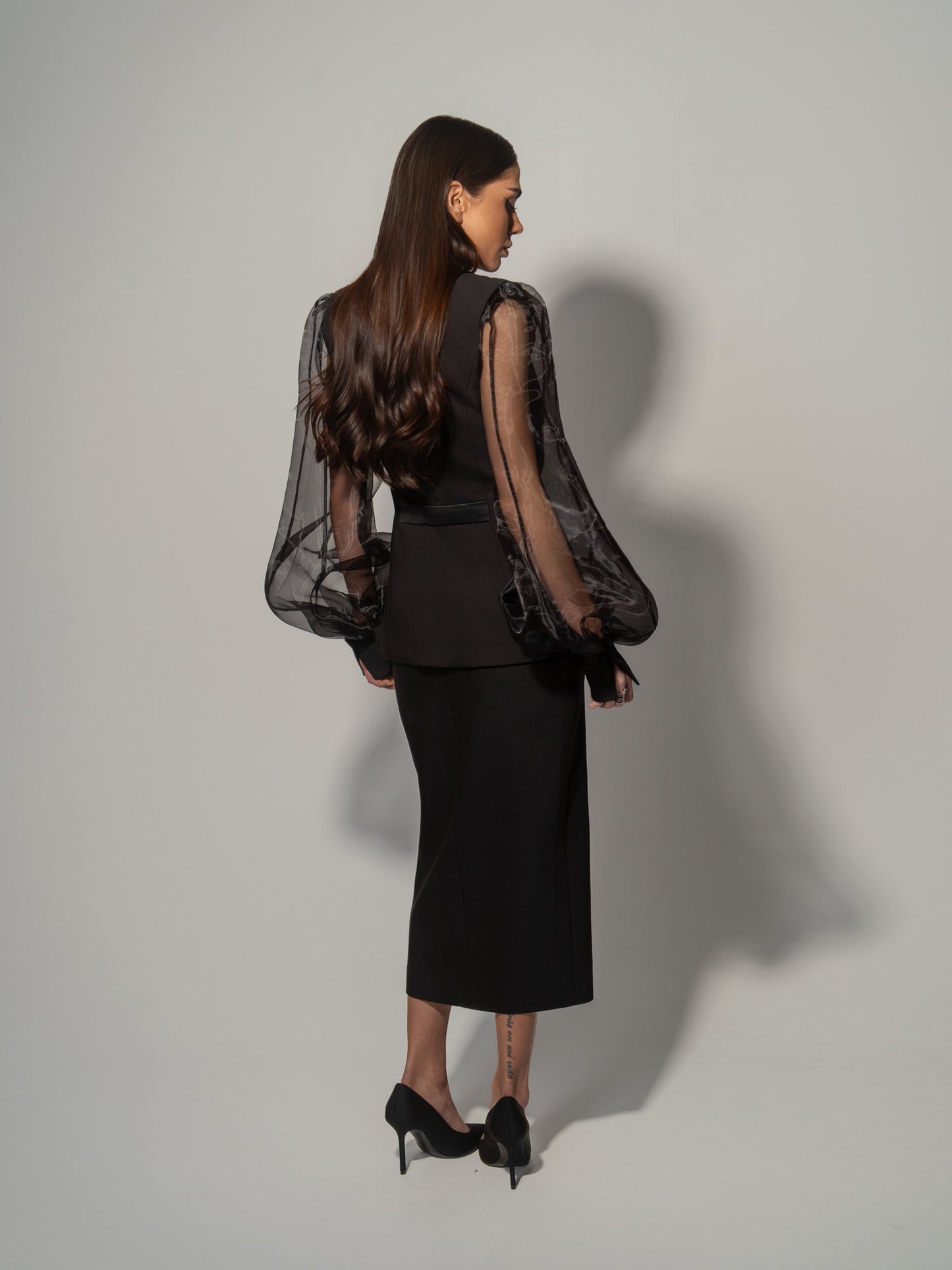 Femme Fatale Tailored Blazer With Organza Sleeves & Skirt Set