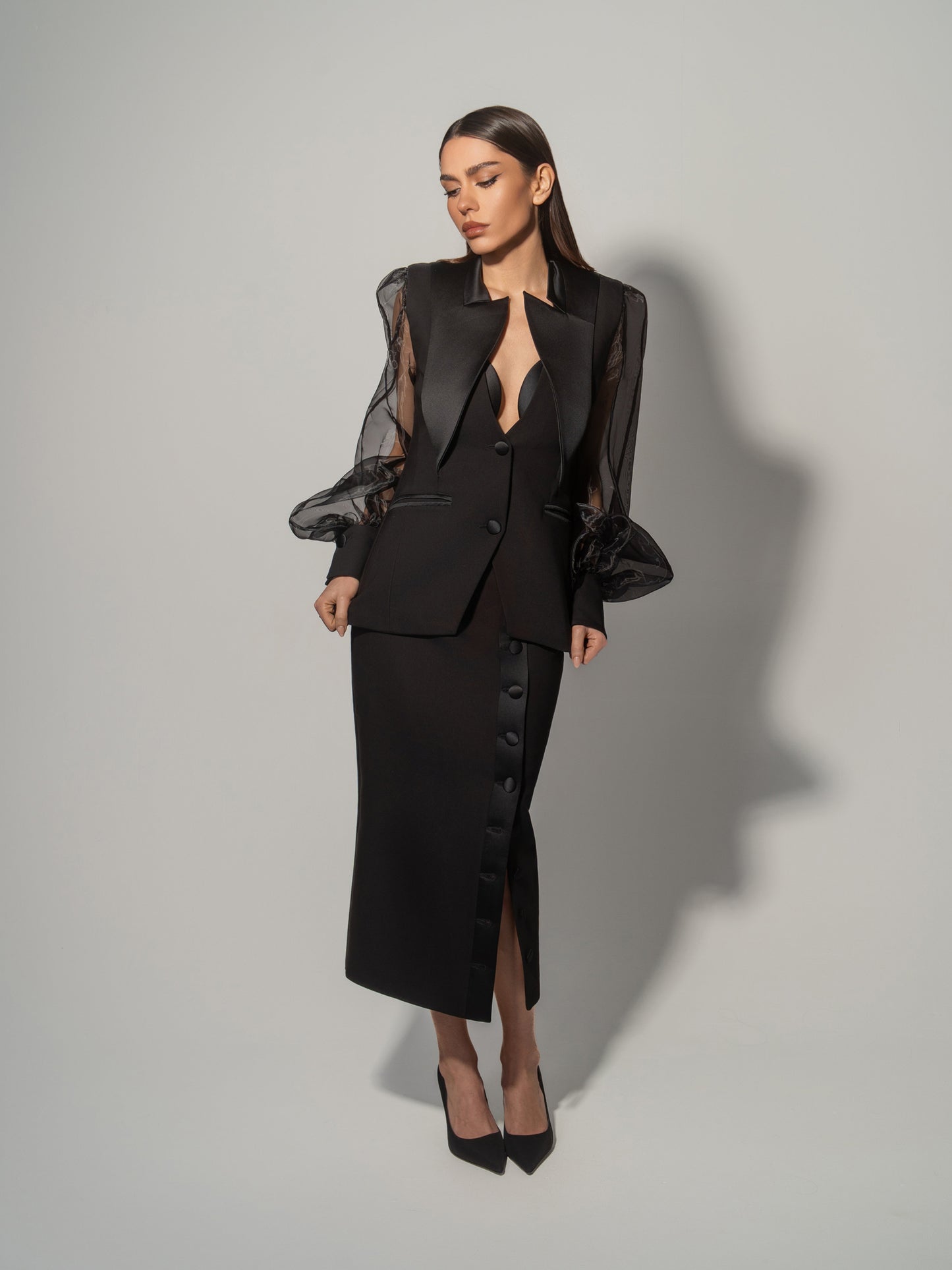 Femme Fatale Tailored Blazer With Organza Sleeves & Skirt Set