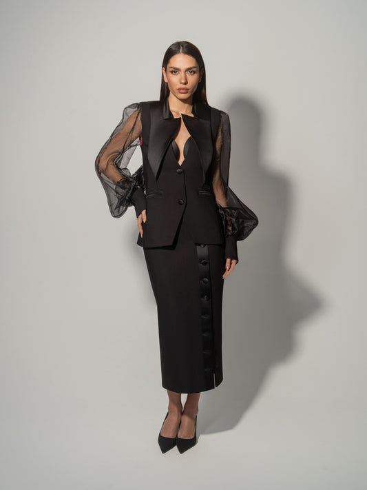 Femme Fatale Tailored Blazer With Organza Sleeves & Skirt Set