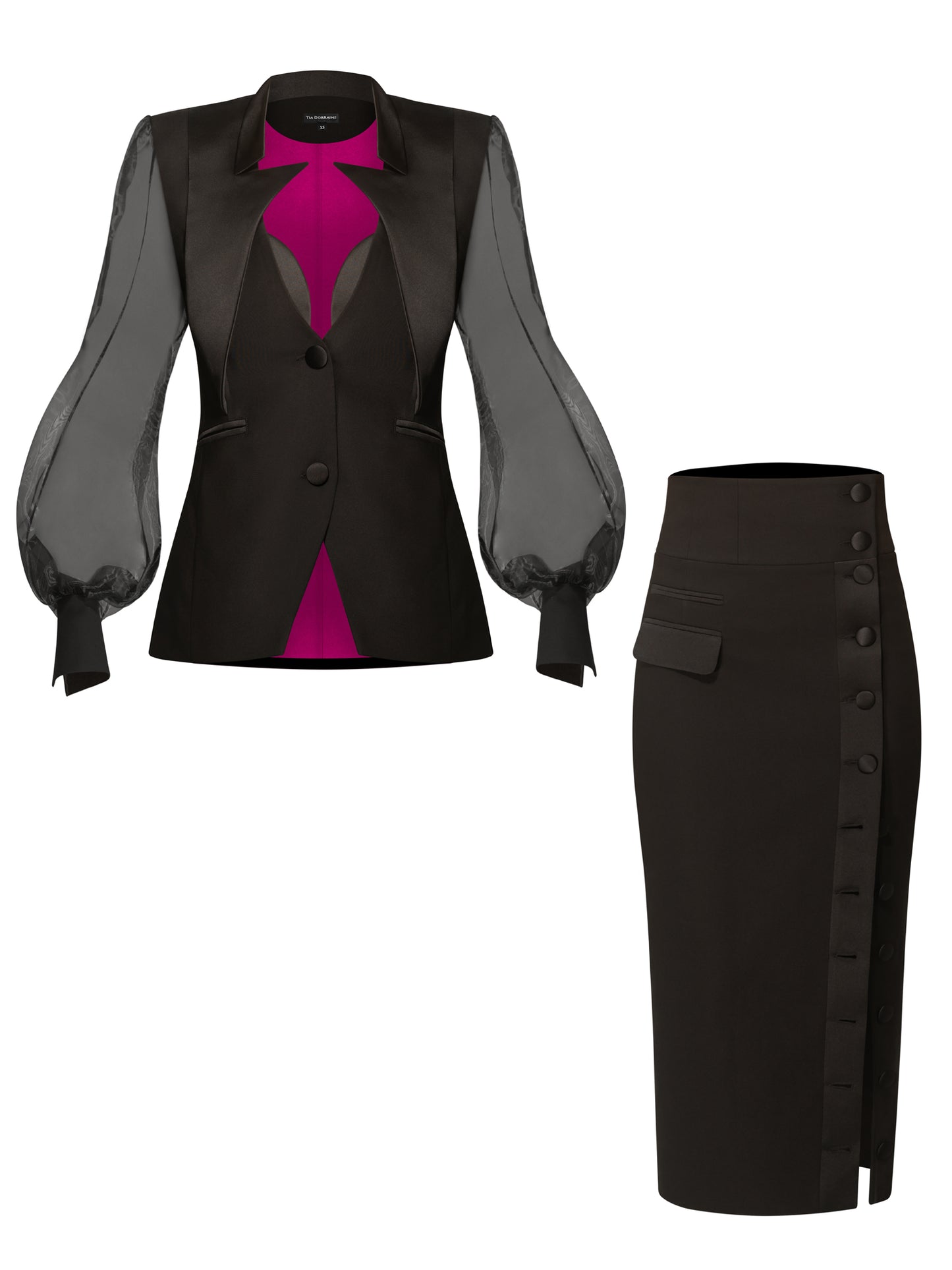 Femme Fatale Tailored Blazer With Organza Sleeves & Skirt Set
