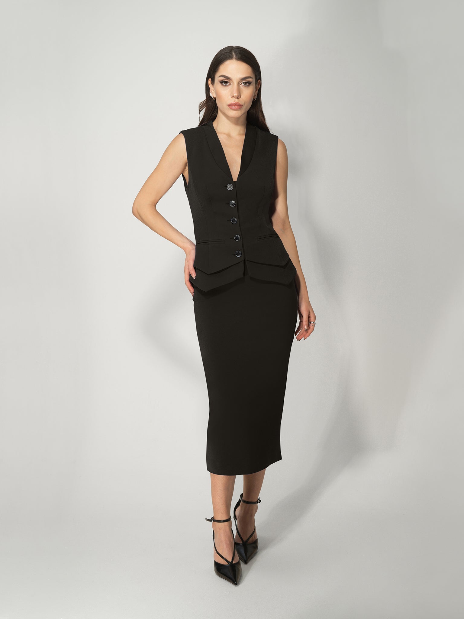 Fitted Waistcoat Skirt Set Black