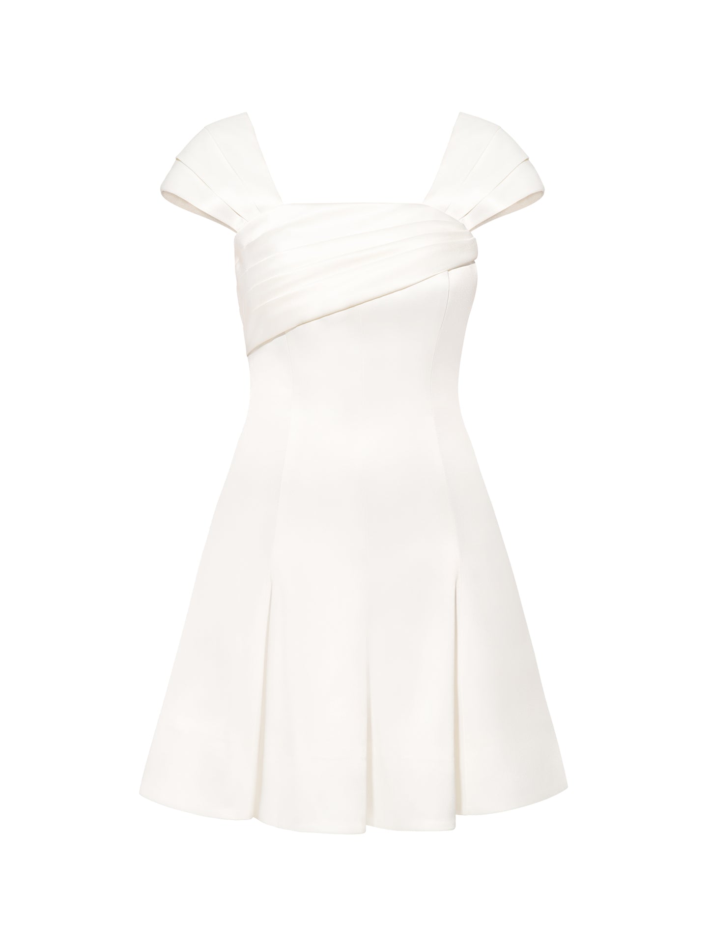 Flared Satin Mini Dress With Gathered Bust Overlay - Pearl White