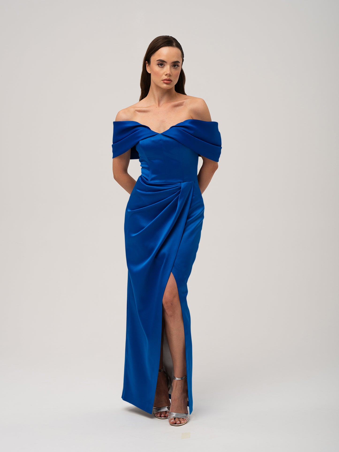 Heavenly Kissed Draped Satin Maxi Dress - Azure Blue by Tia Dorraine Women's Luxury Fashion Designer Clothing Brand