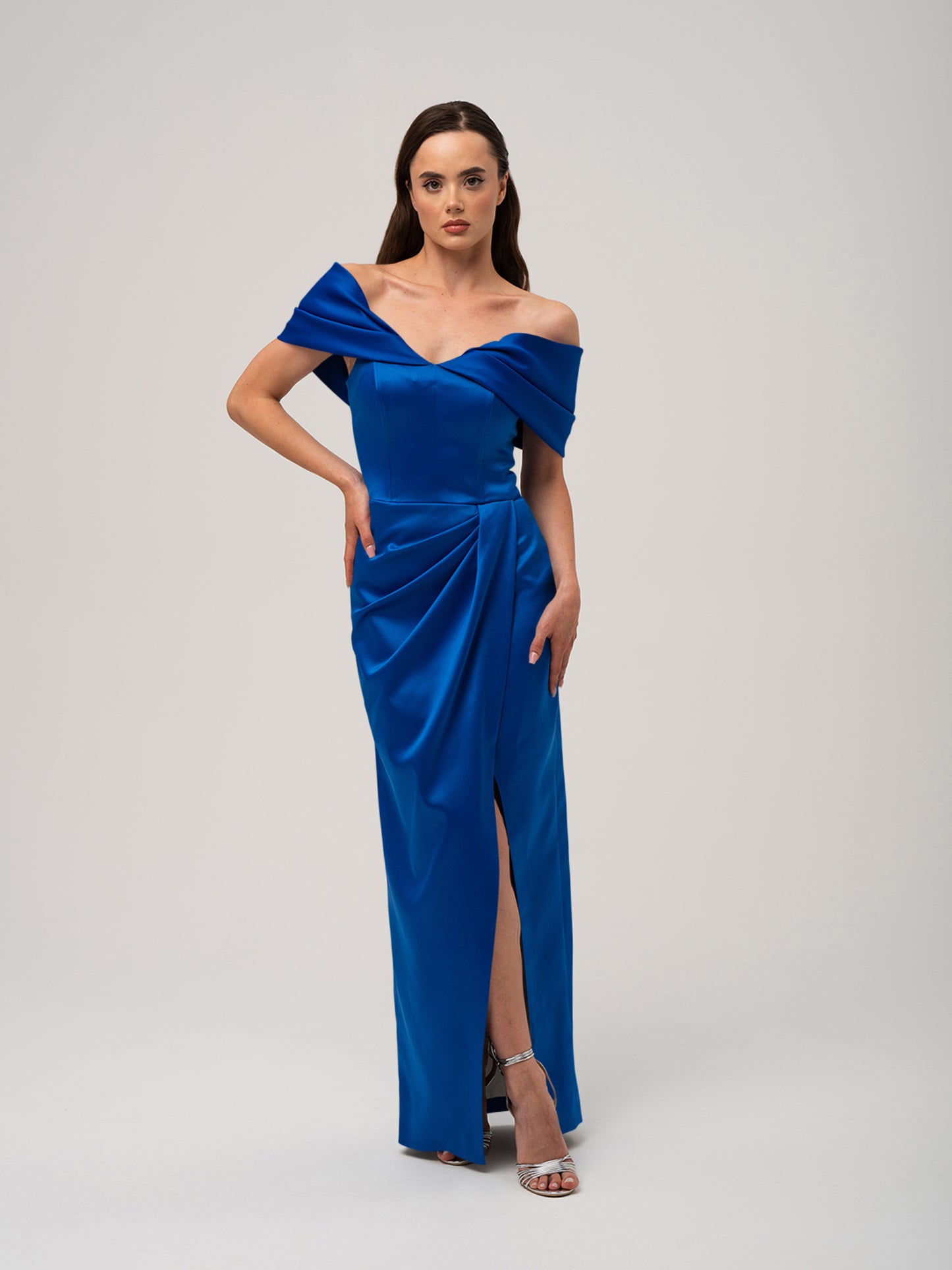 Heavenly Kissed Draped Satin Maxi Dress - Azure Blue by Tia Dorraine Women's Luxury Fashion Designer Clothing Brand