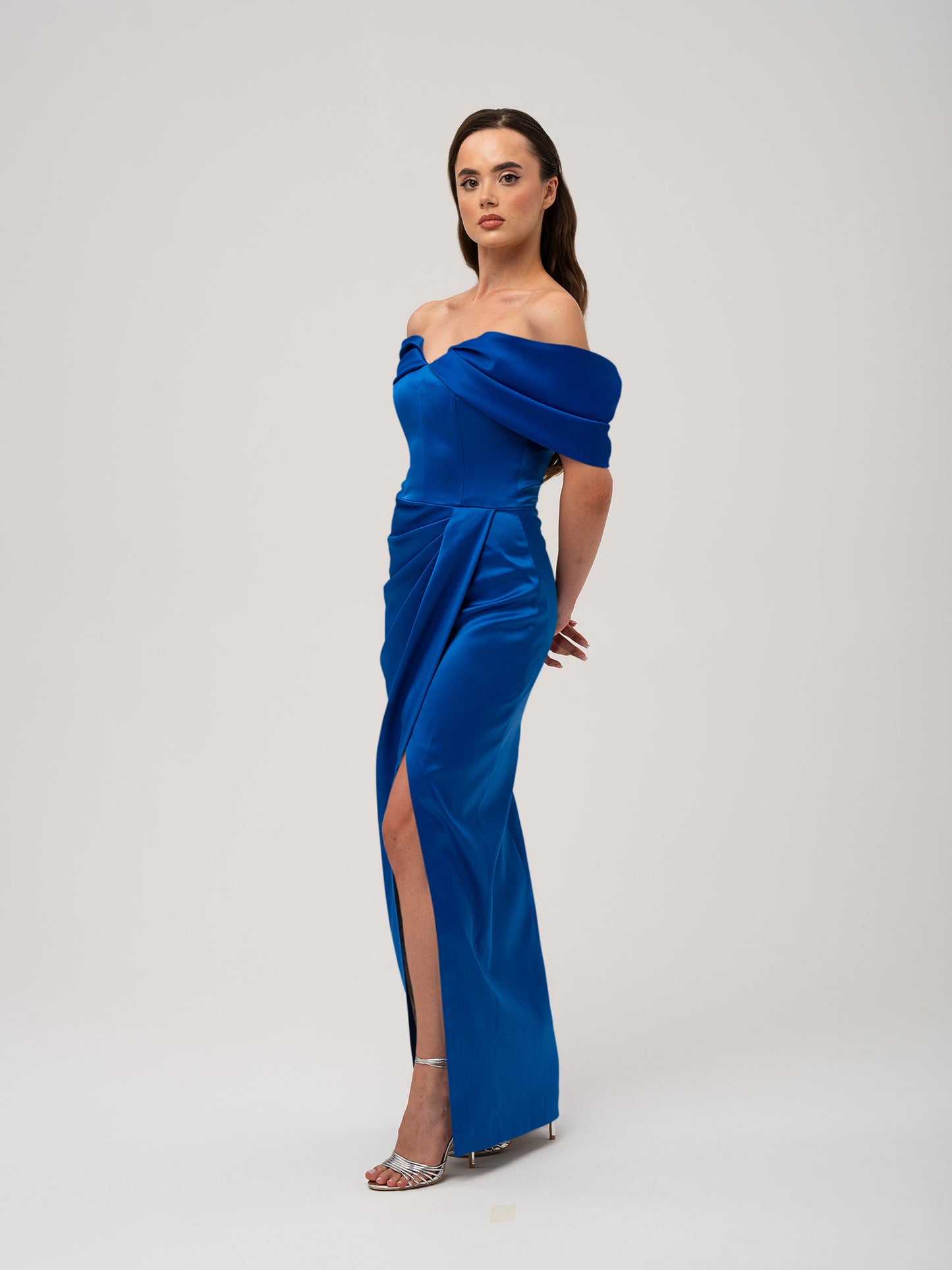 Heavenly Kissed Draped Satin Maxi Dress - Azure Blue by Tia Dorraine Women's Luxury Fashion Designer Clothing Brand