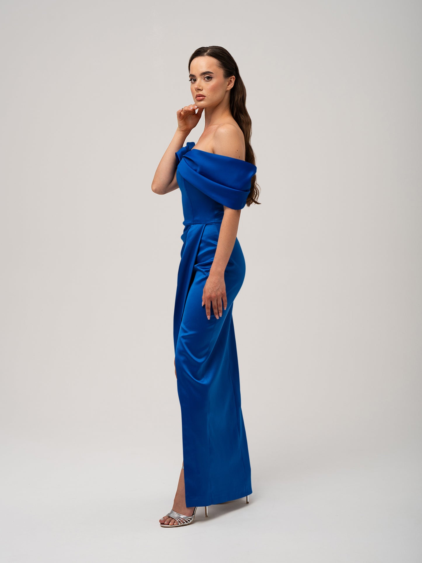 Heavenly Kissed Draped Satin Maxi Dress - Azure Blue by Tia Dorraine Women's Luxury Fashion Designer Clothing Brand