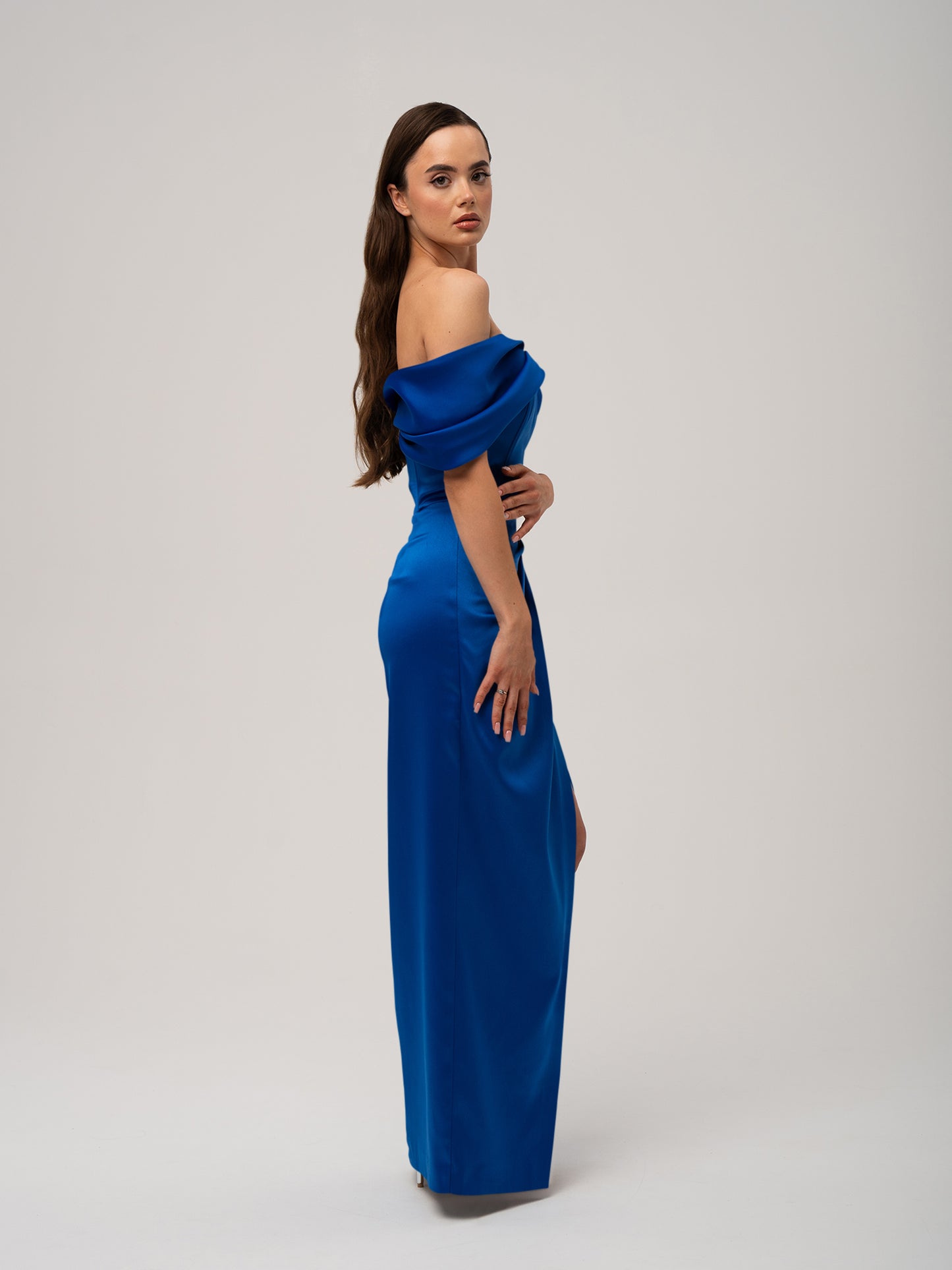 Heavenly Kissed Draped Satin Maxi Dress - Azure Blue by Tia Dorraine Women's Luxury Fashion Designer Clothing Brand