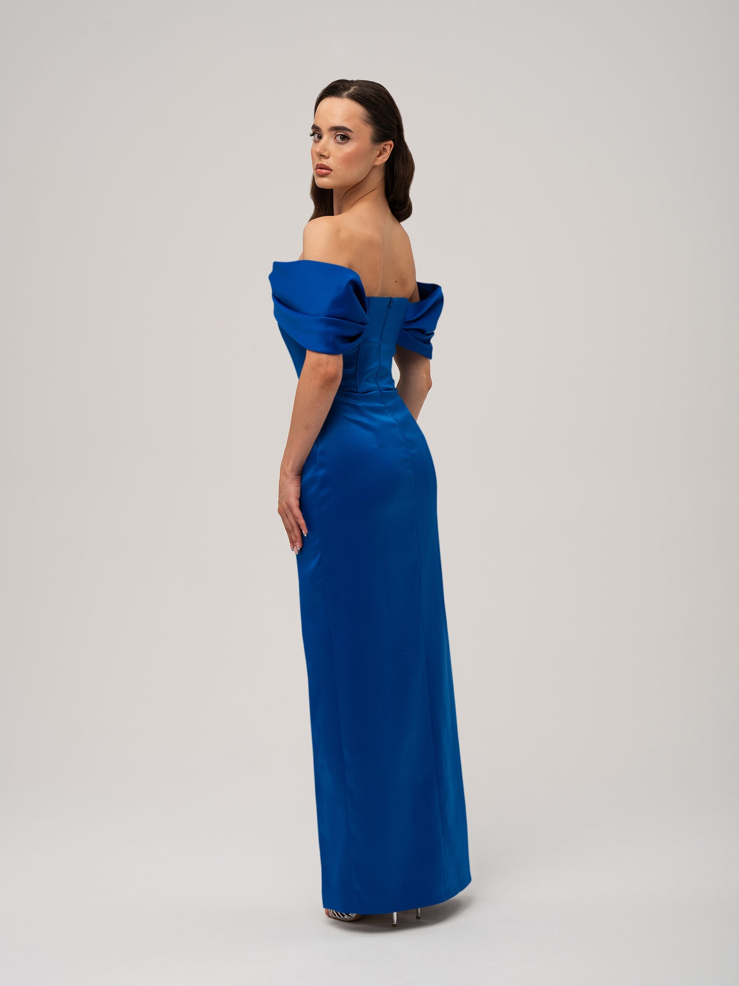 Heavenly Kissed Draped Satin Maxi Dress - Azure Blue by Tia Dorraine Women's Luxury Fashion Designer Clothing Brand