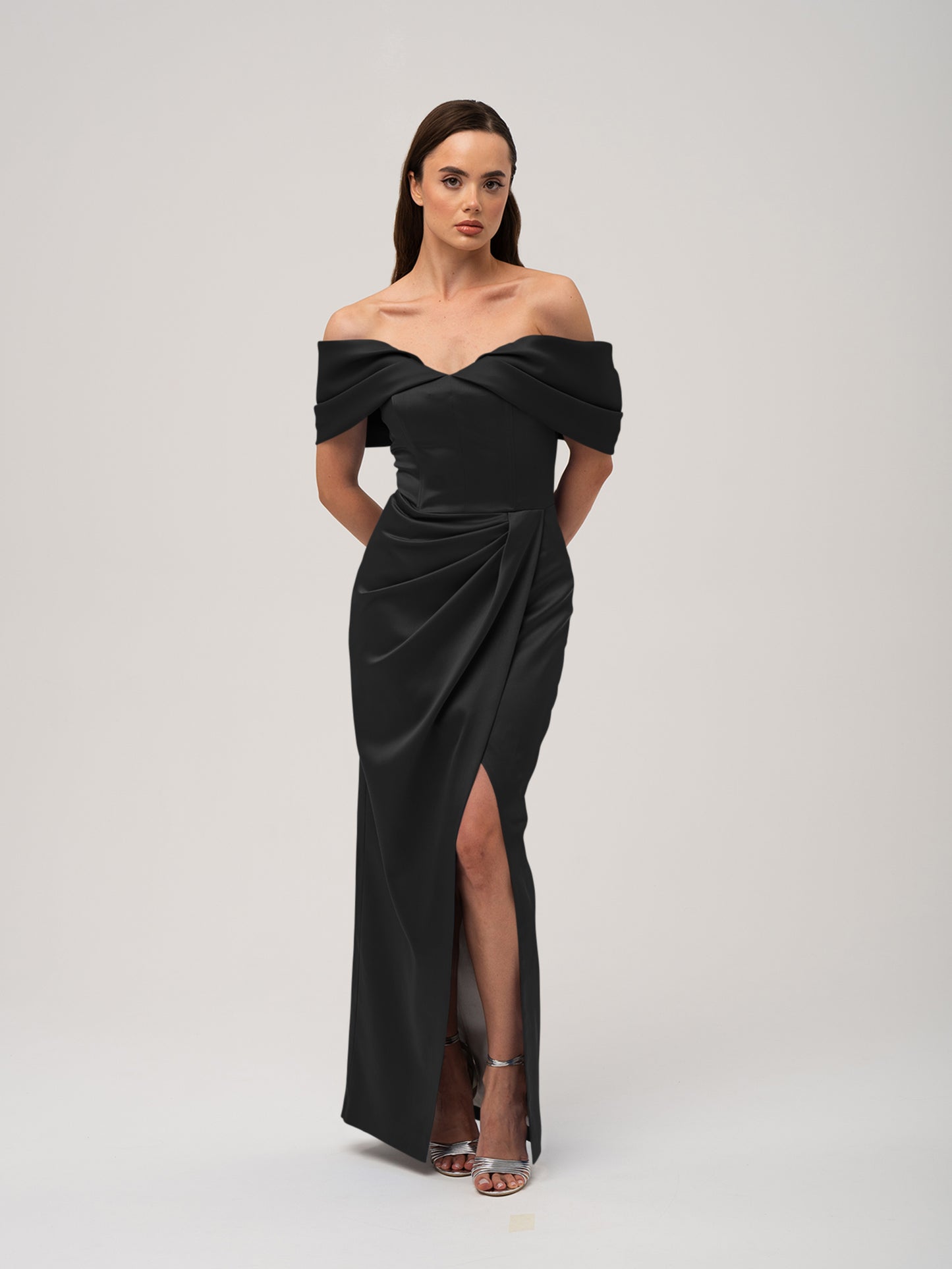 Heavenly Kissed Draped Satin Maxi Dress - Black by Tia Dorraine Women's Luxury Fashion Designer Clothing Brand
