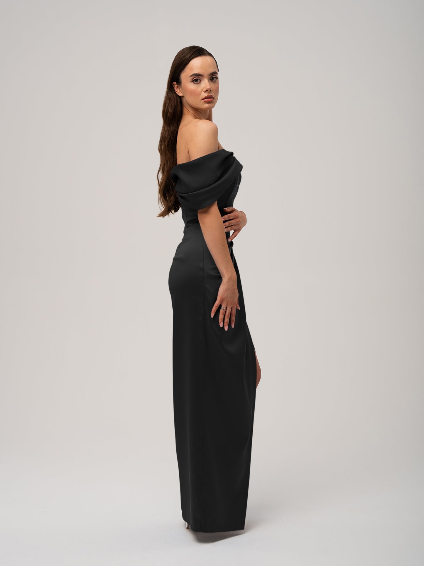 Heavenly Kissed Draped Satin Maxi Dress - Black by Tia Dorraine Women's Luxury Fashion Designer Clothing Brand