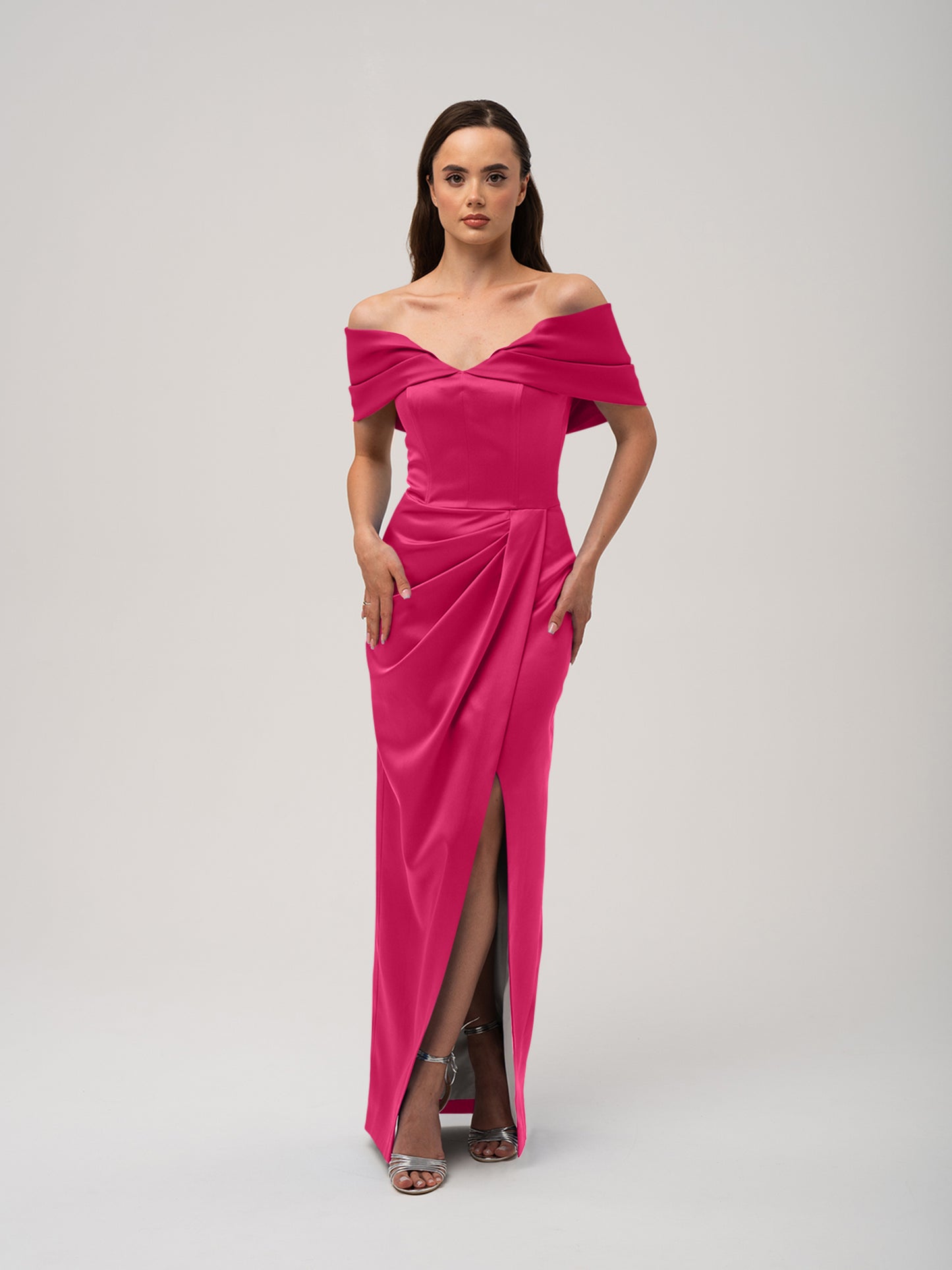 Heavenly Kissed Draped Satin Maxi Dress - Hot Pink by Tia Dorraine Women's Luxury Fashion Designer Clothing Brand