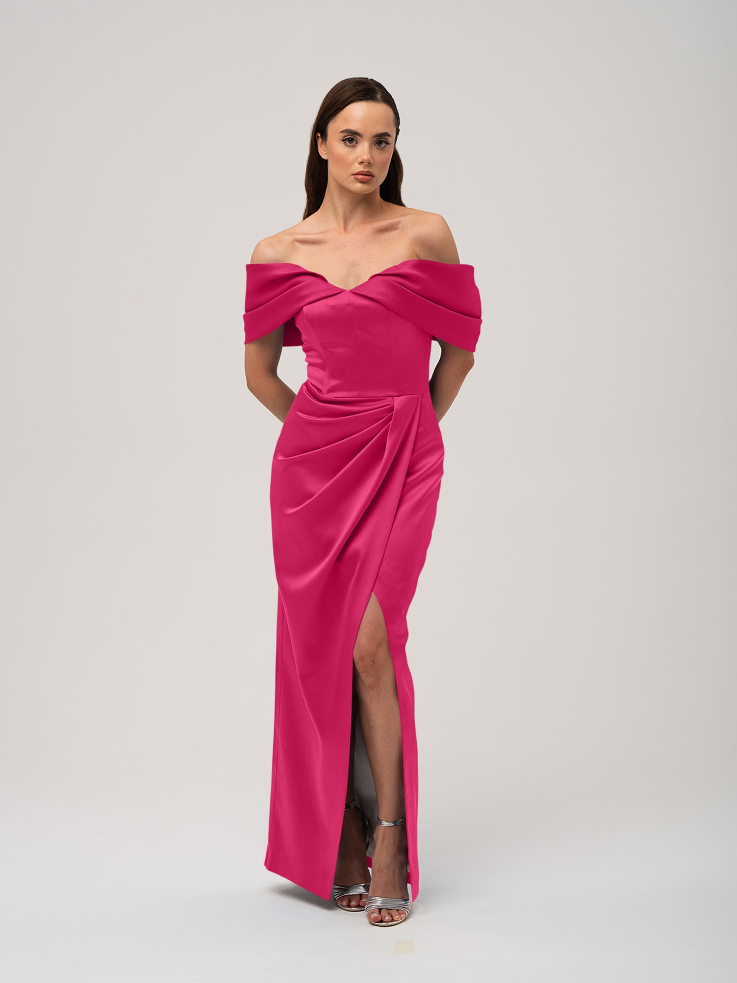 Heavenly Kissed Draped Satin Maxi Dress - Hot Pink by Tia Dorraine Women's Luxury Fashion Designer Clothing Brand