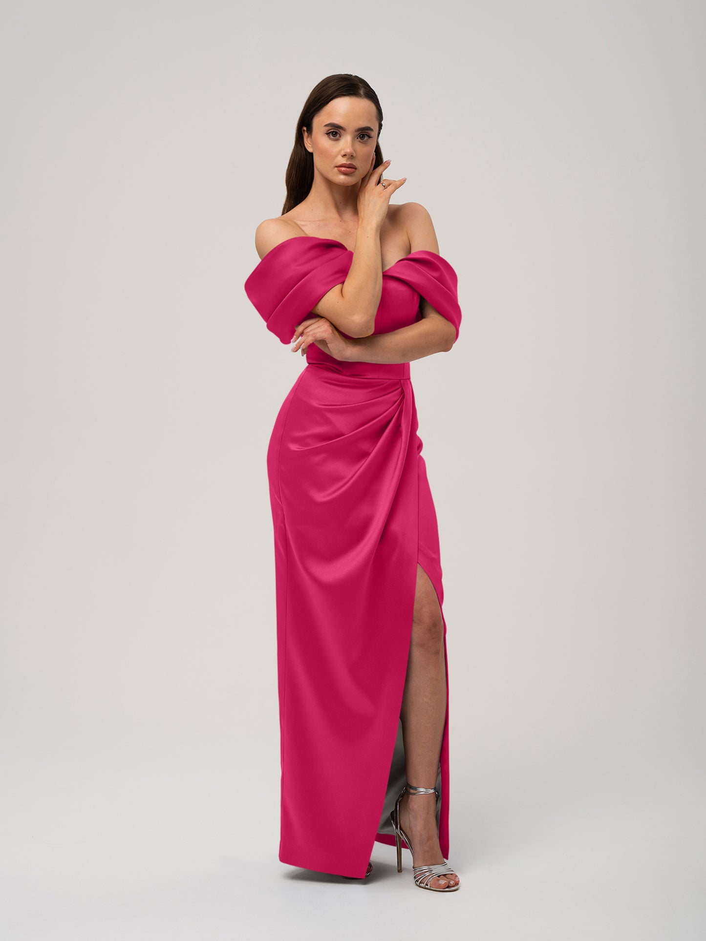 Heavenly Kissed Draped Satin Maxi Dress - Hot Pink by Tia Dorraine Women's Luxury Fashion Designer Clothing Brand