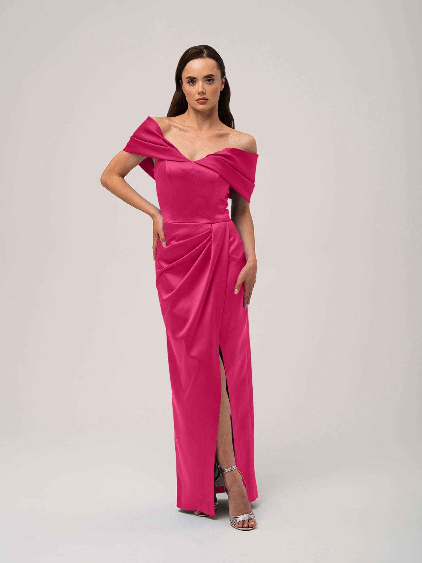 Heavenly Kissed Draped Satin Maxi Dress - Hot Pink by Tia Dorraine Women's Luxury Fashion Designer Clothing Brand