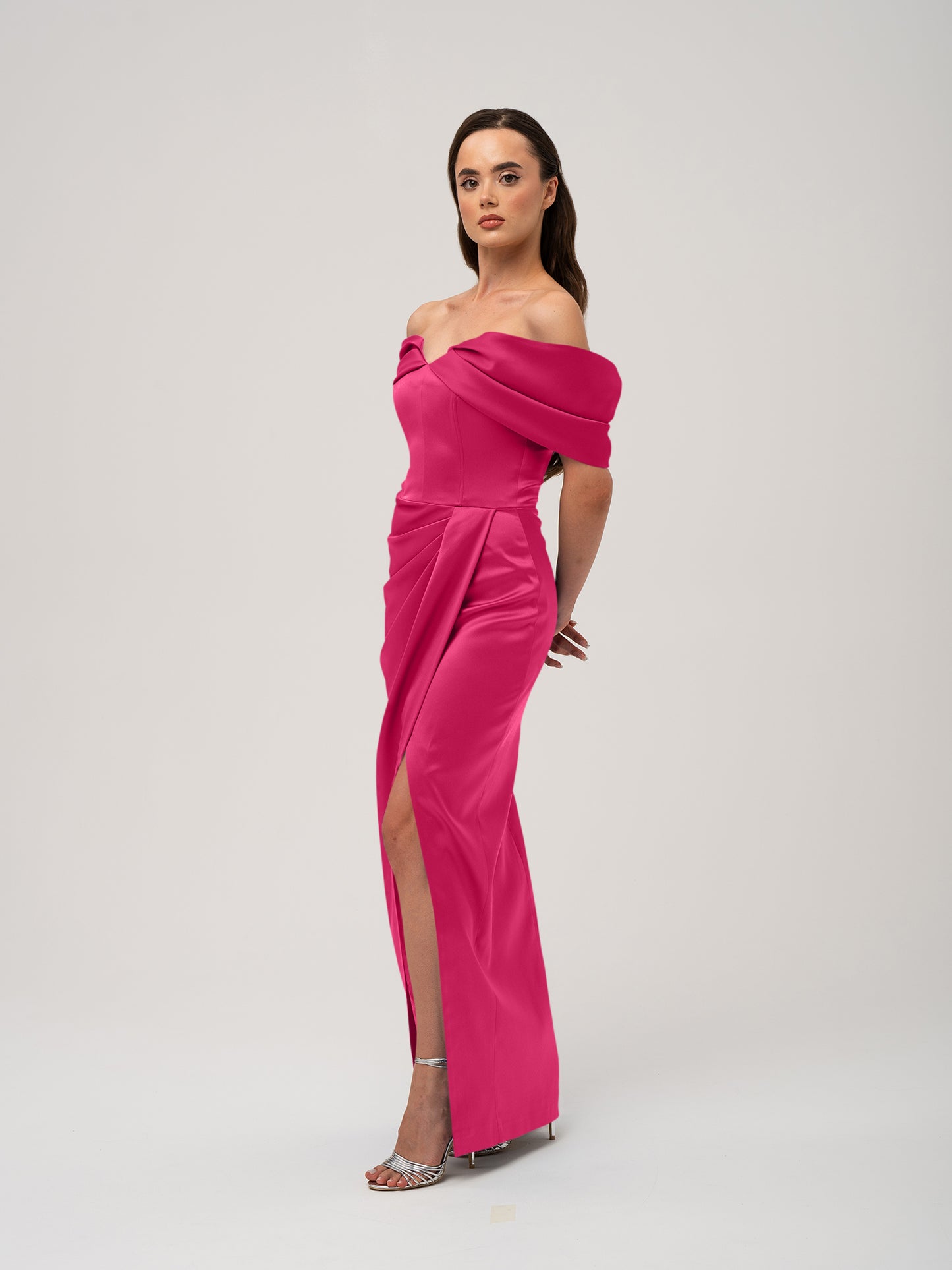 Heavenly Kissed Draped Satin Maxi Dress - Hot Pink by Tia Dorraine Women's Luxury Fashion Designer Clothing Brand