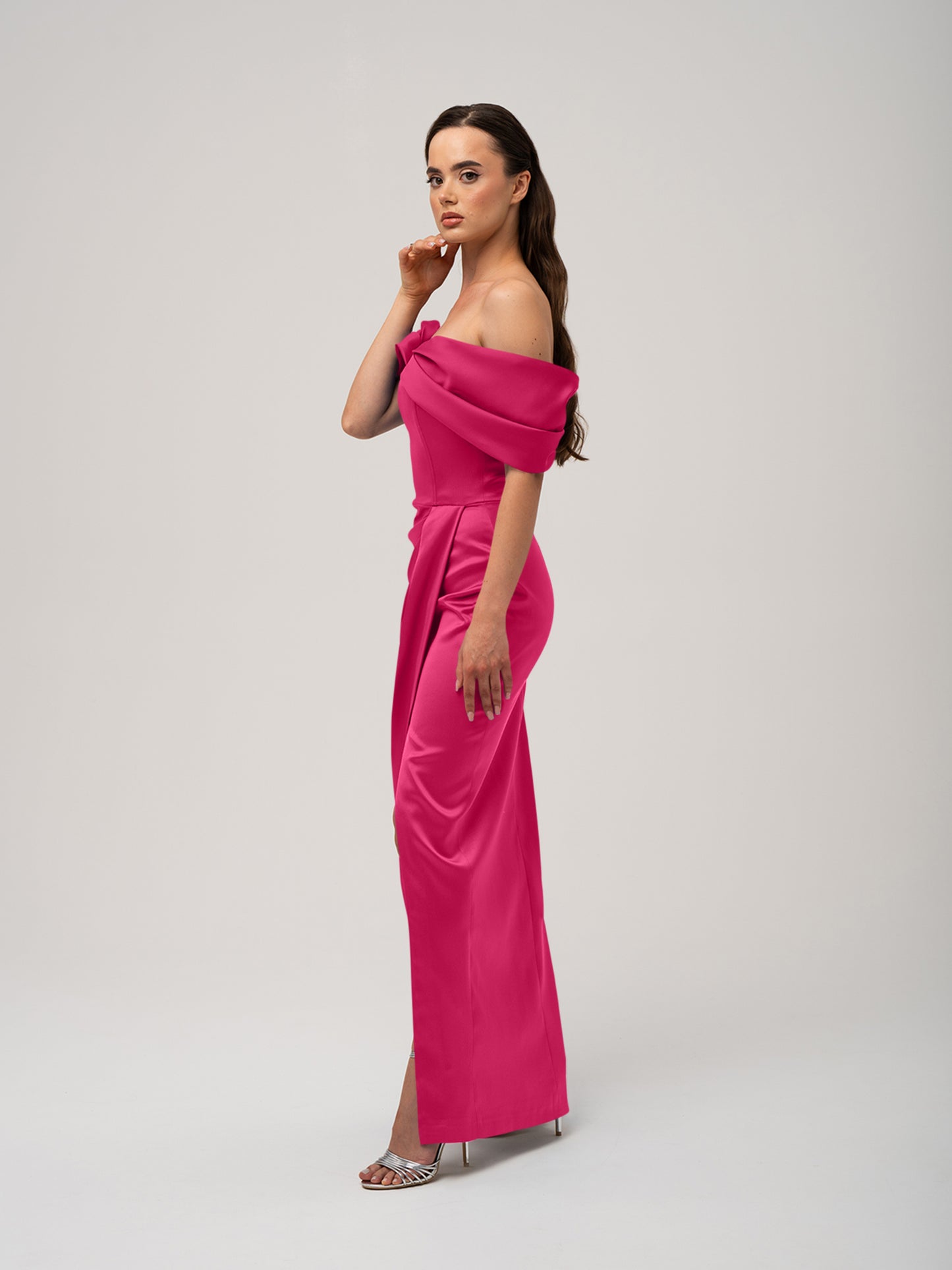 Heavenly Kissed Draped Satin Maxi Dress - Hot Pink by Tia Dorraine Women's Luxury Fashion Designer Clothing Brand