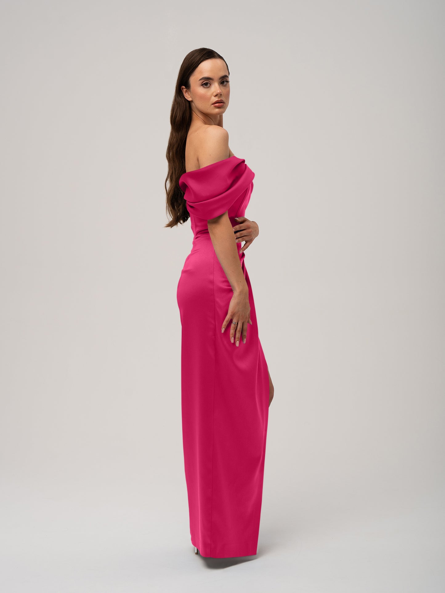 Heavenly Kissed Draped Satin Maxi Dress - Hot Pink by Tia Dorraine Women's Luxury Fashion Designer Clothing Brand