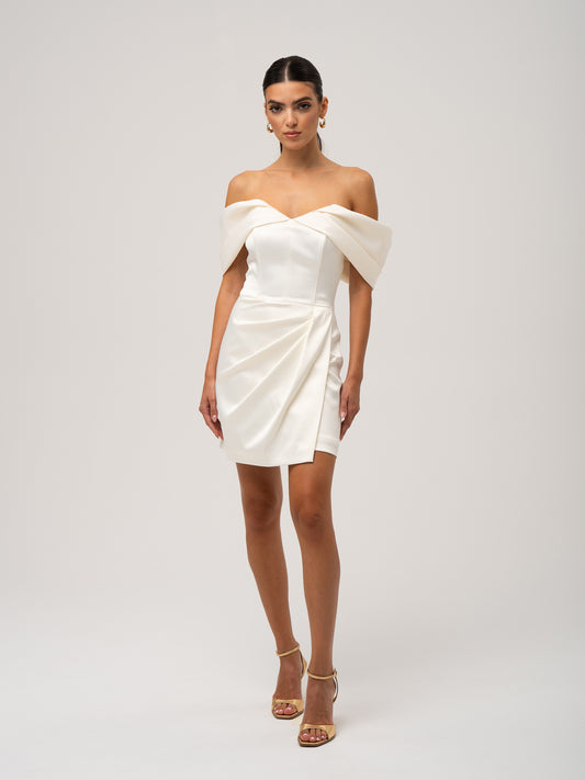 Heavenly Kissed Draped Satin Mini Dress - Pearl White by Tia Dorraine Women's Luxury Fashion Designer Clothing Brand