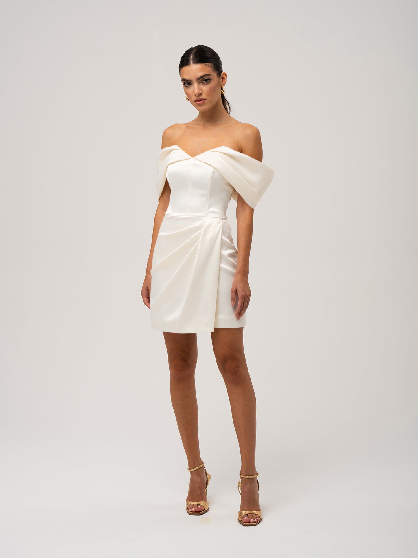 Heavenly Kissed Draped Satin Mini Dress - Pearl White by Tia Dorraine Women's Luxury Fashion Designer Clothing Brand