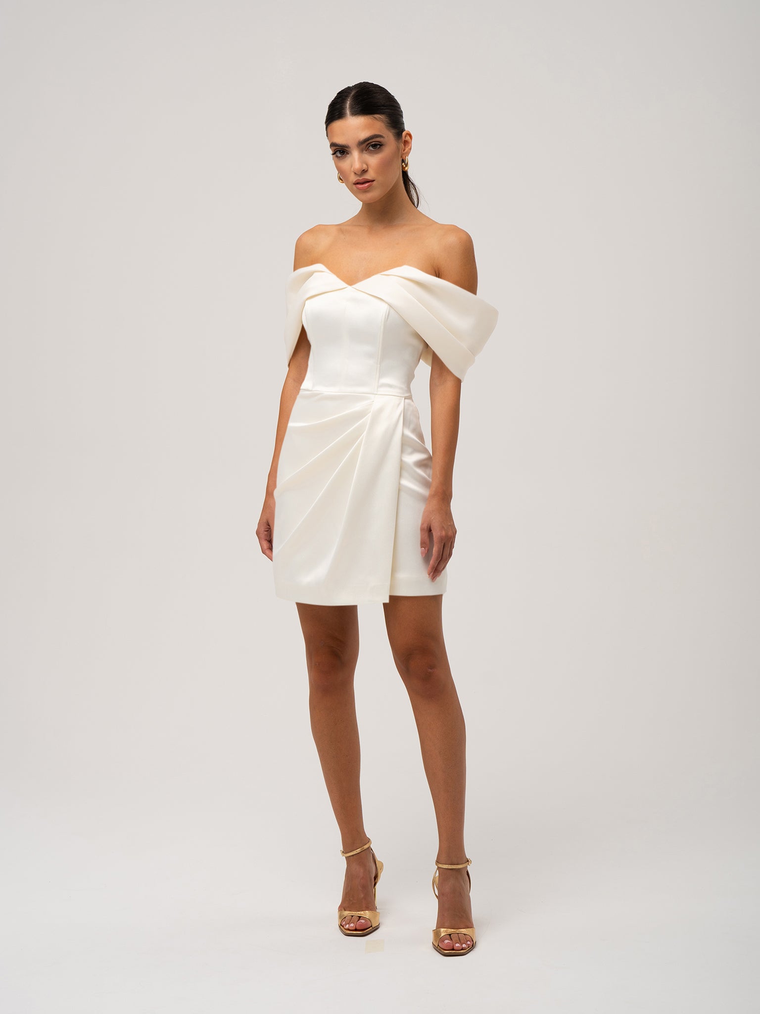 Heavenly Kissed Draped Satin Mini Dress - Pearl White by Tia Dorraine Women's Luxury Fashion Designer Clothing Brand