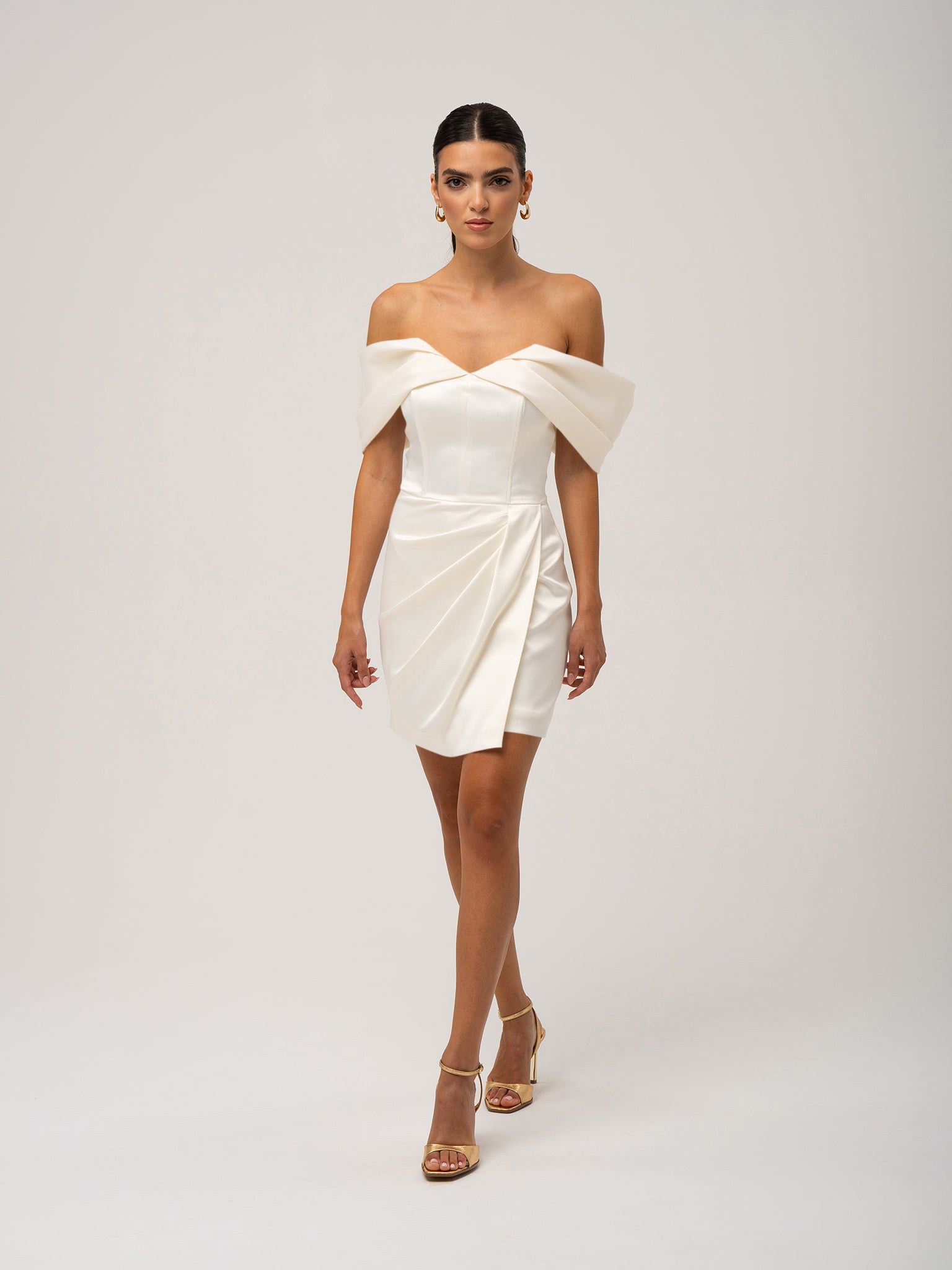 Heavenly Kissed Draped Satin Mini Dress - Pearl White by Tia Dorraine Women's Luxury Fashion Designer Clothing Brand