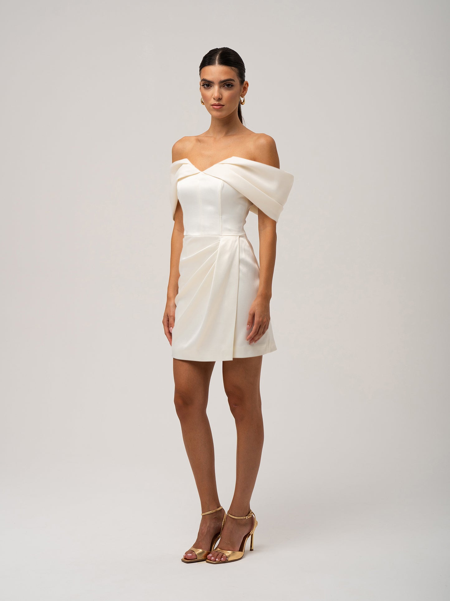 Heavenly Kissed Draped Satin Mini Dress - Pearl White by Tia Dorraine Women's Luxury Fashion Designer Clothing Brand