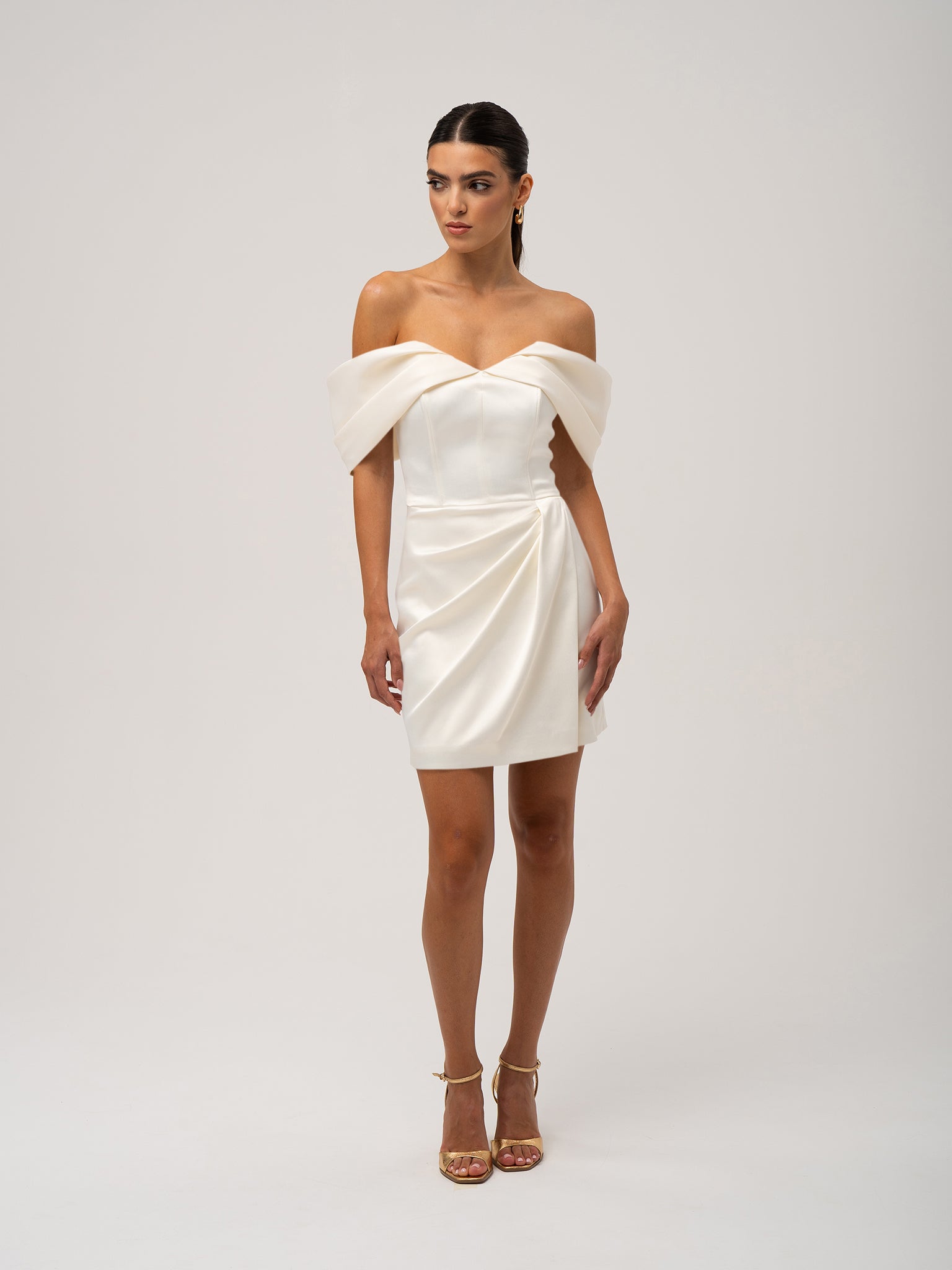Heavenly Kissed Draped Satin Mini Dress - Pearl White by Tia Dorraine Women's Luxury Fashion Designer Clothing Brand