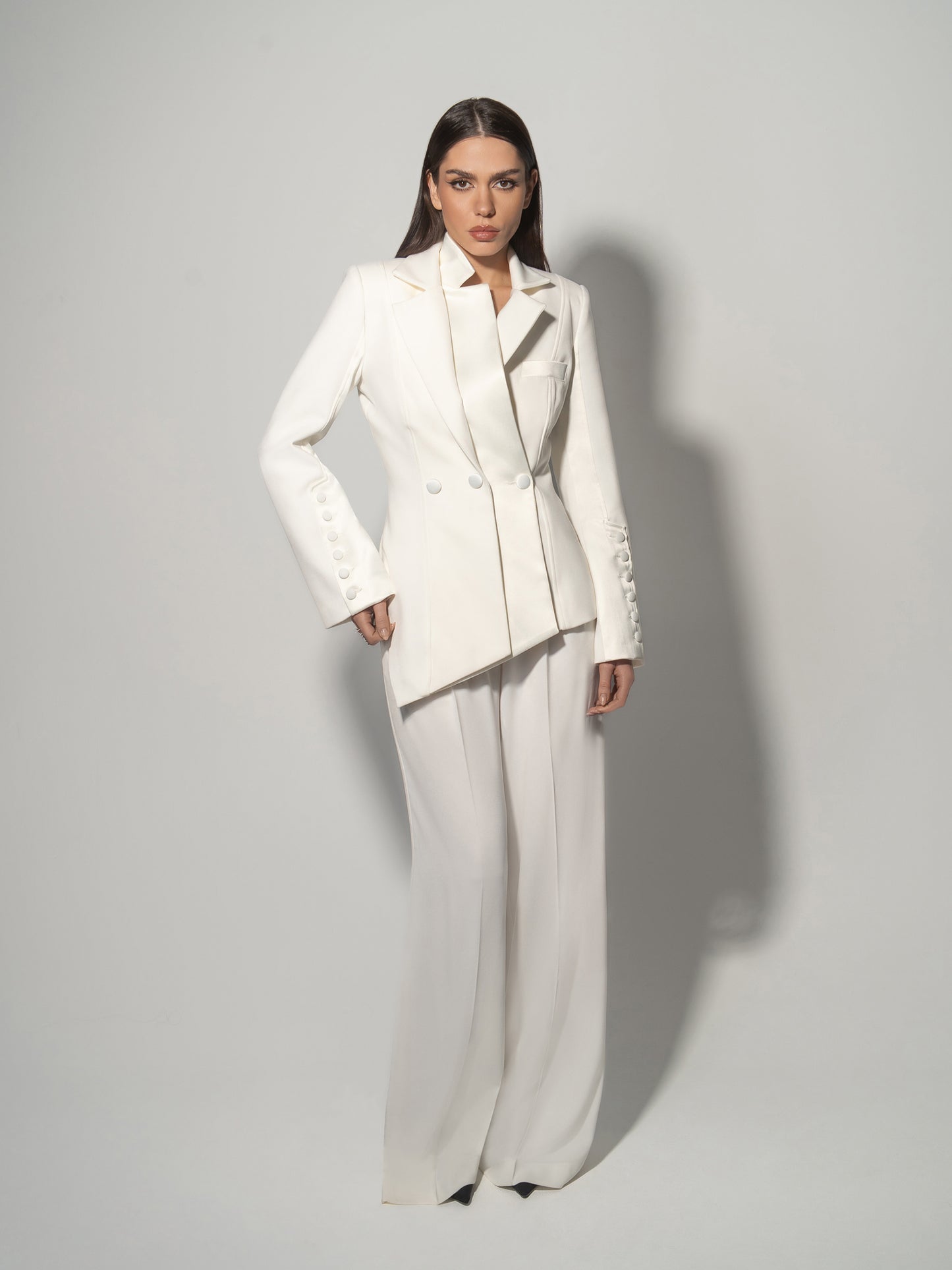 Modern Power Tailored Asymmetric Suit - Pearl White
