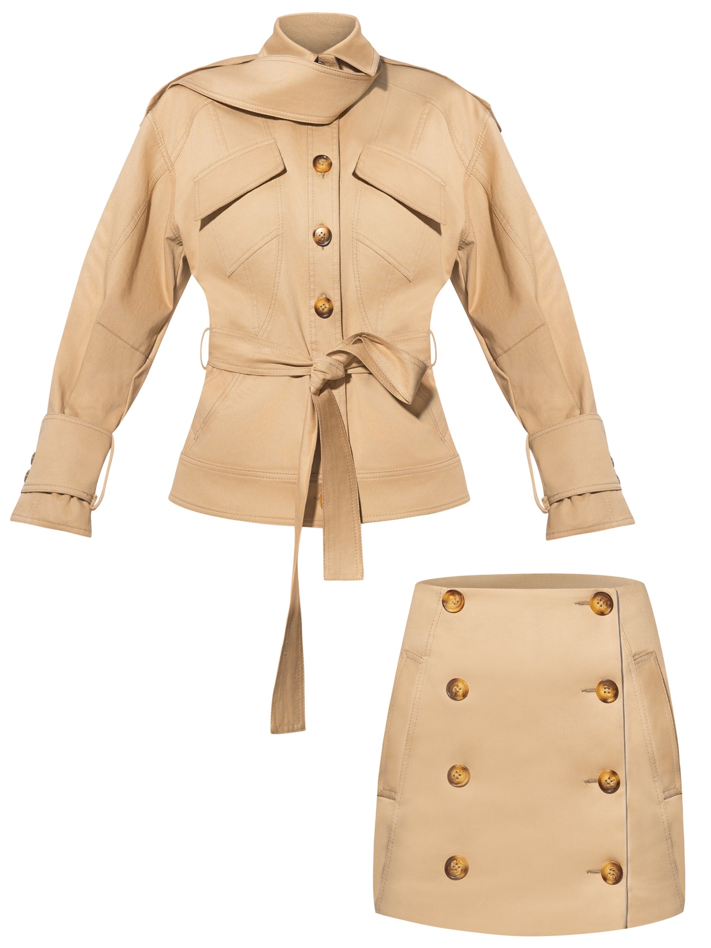 Oversized Belted Trench Jacket & Mini Skirt Set - Beige