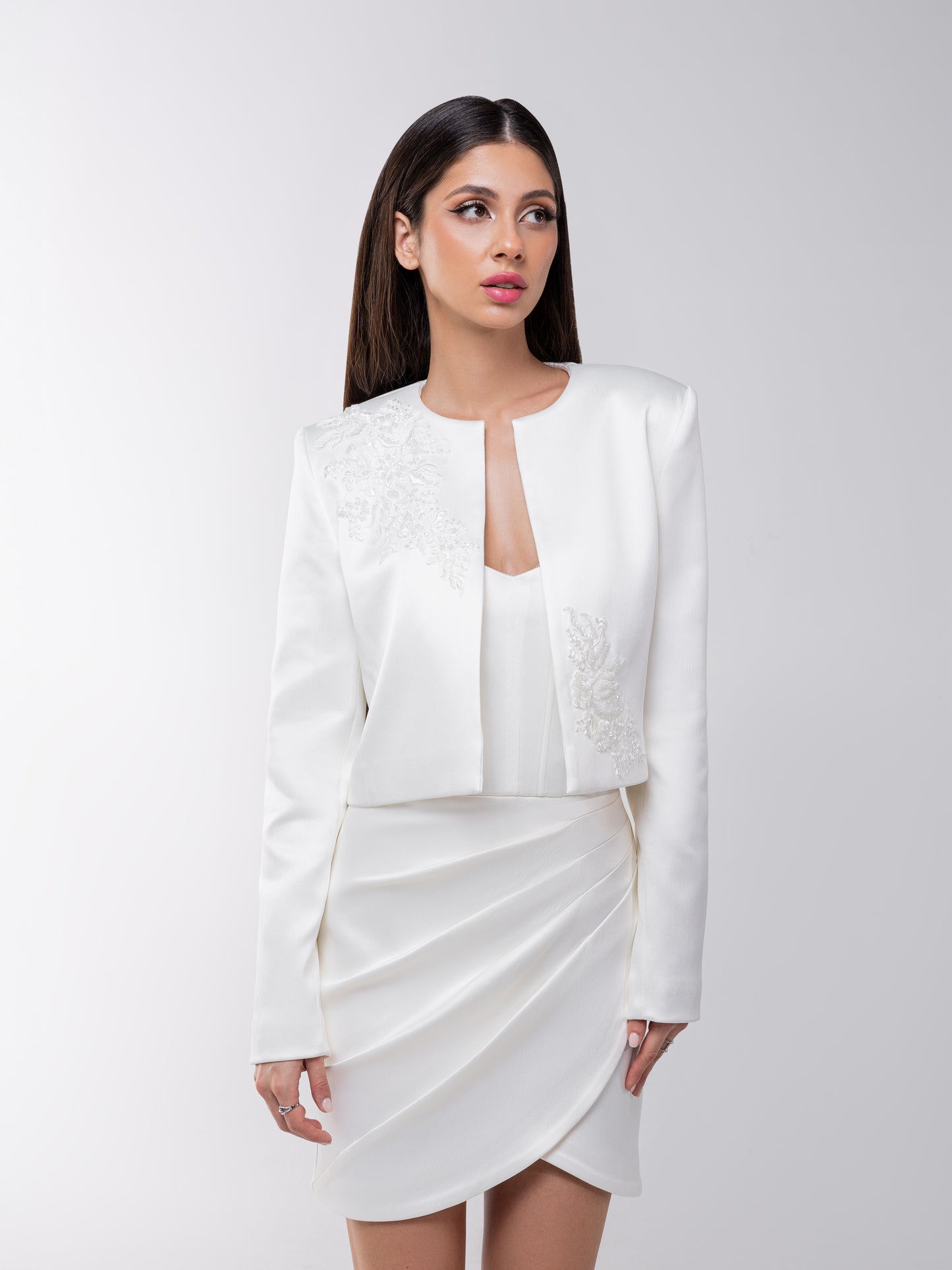 Perfectly Romantic Cropped Blazer with Embroidery - Pearl White