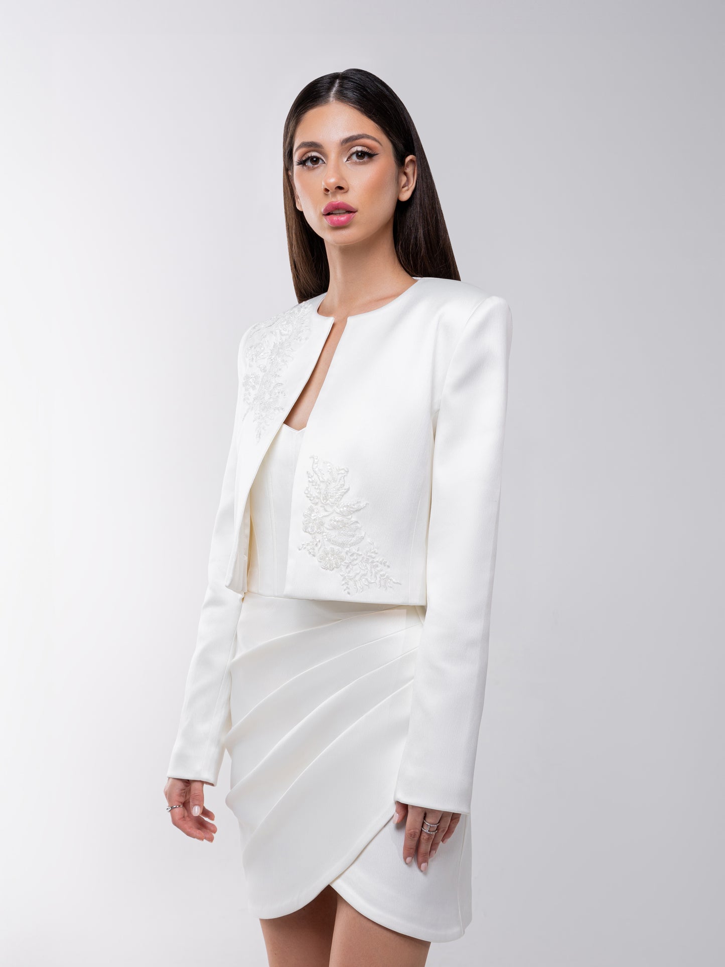 Perfectly Romantic Cropped Blazer with Embroidery - Pearl White