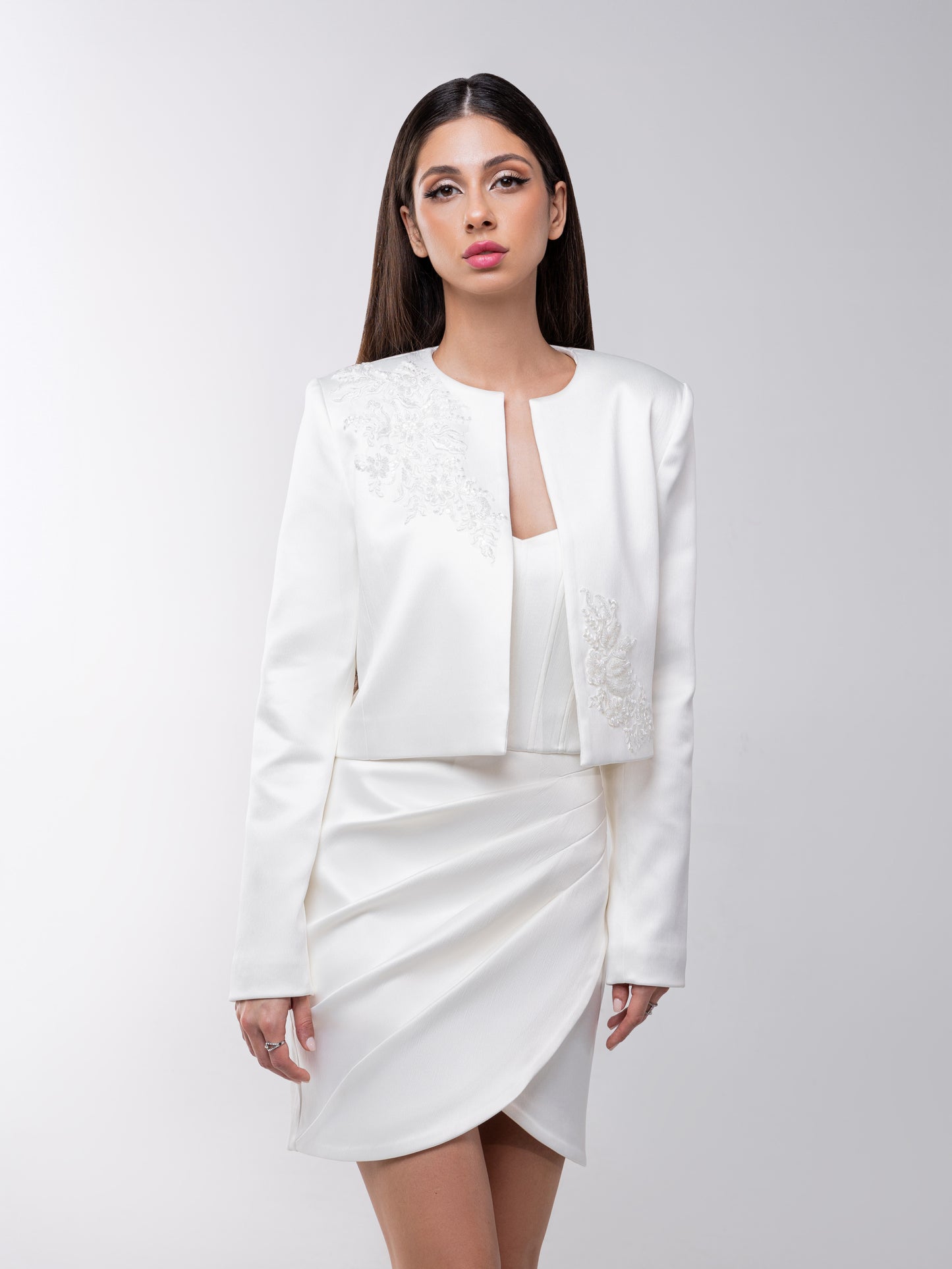 Perfectly Romantic Cropped Blazer with Embroidery - Pearl White
