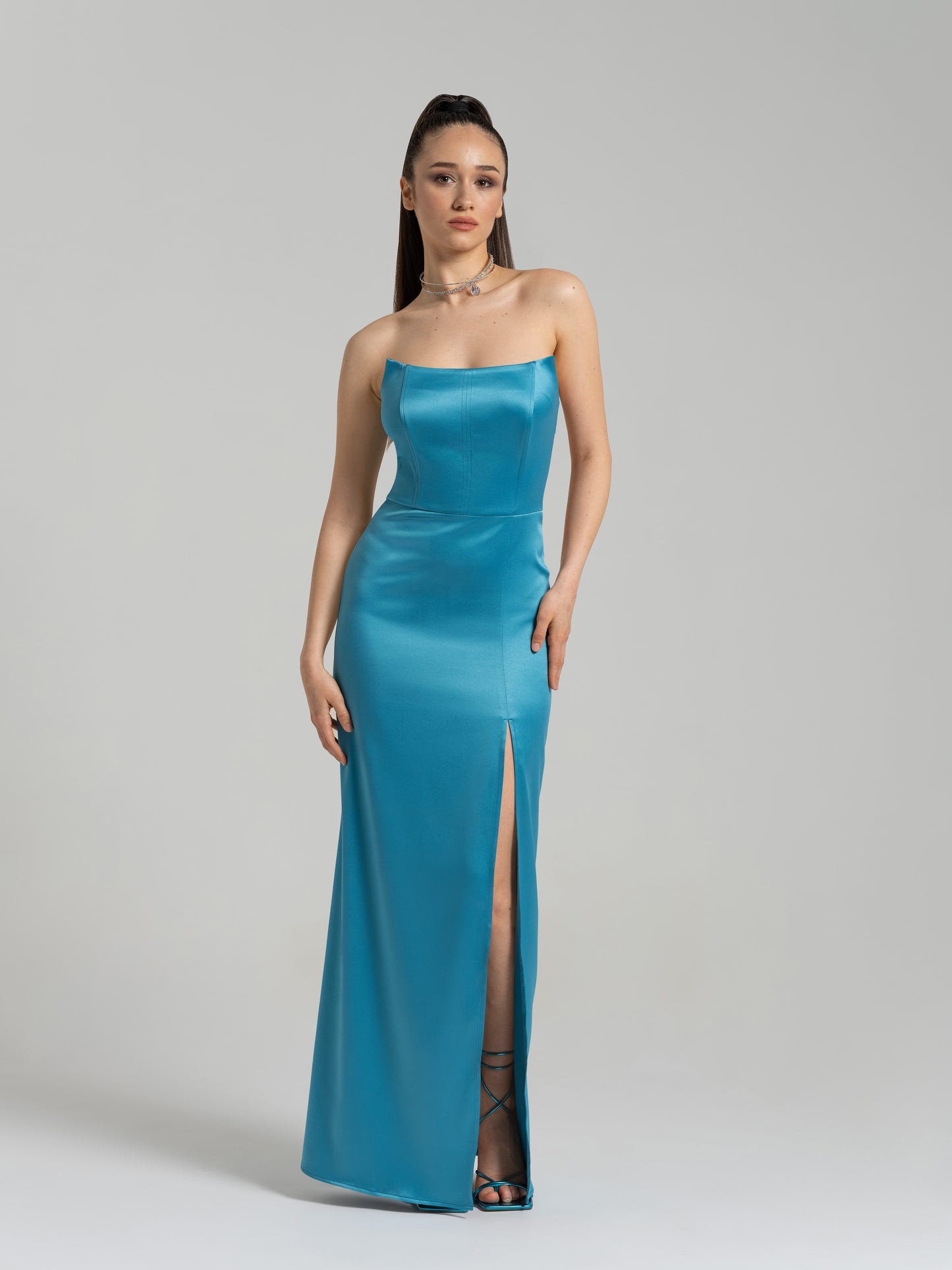 Queen of Hearts Satin Maxi Dress - Capri Blue by Tia Dorraine Women's Luxury Fashion Designer Clothing Brand