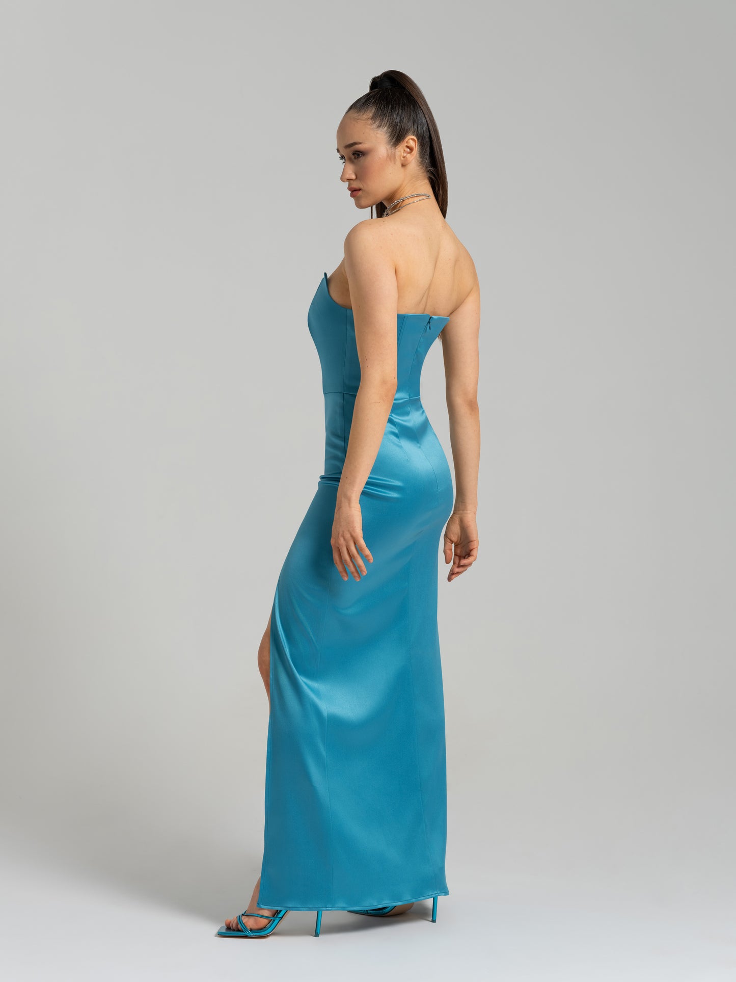 Queen of Hearts Satin Maxi Dress - Capri Blue by Tia Dorraine Women's Luxury Fashion Designer Clothing Brand