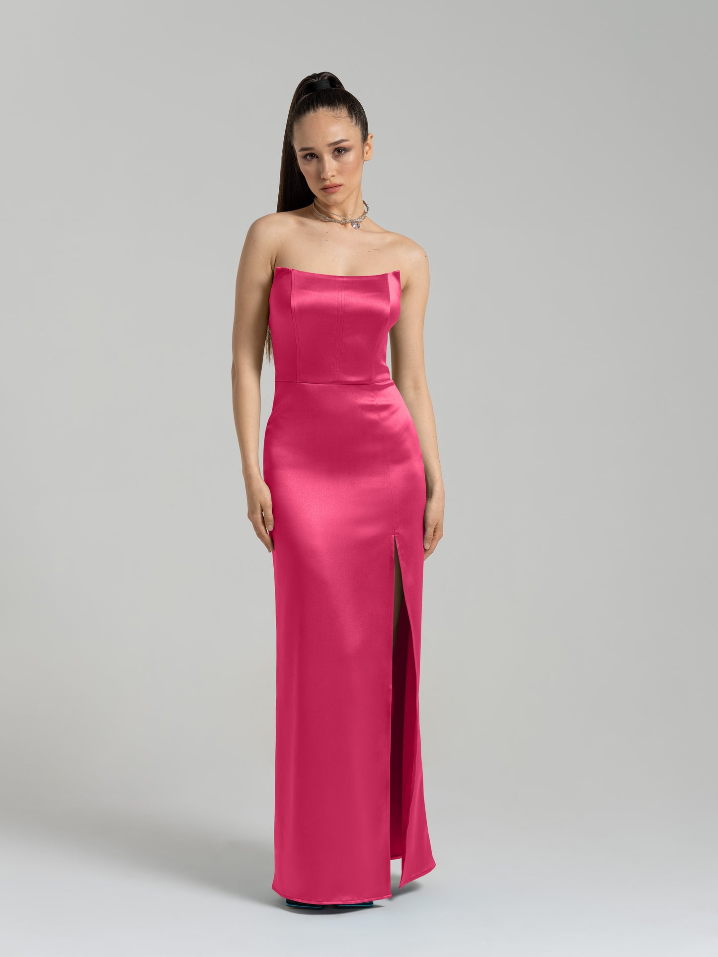 Queen of Hearts Satin Maxi Dress - Hot Pink by Tia Dorraine Women's Luxury Fashion Designer Clothing Brand
