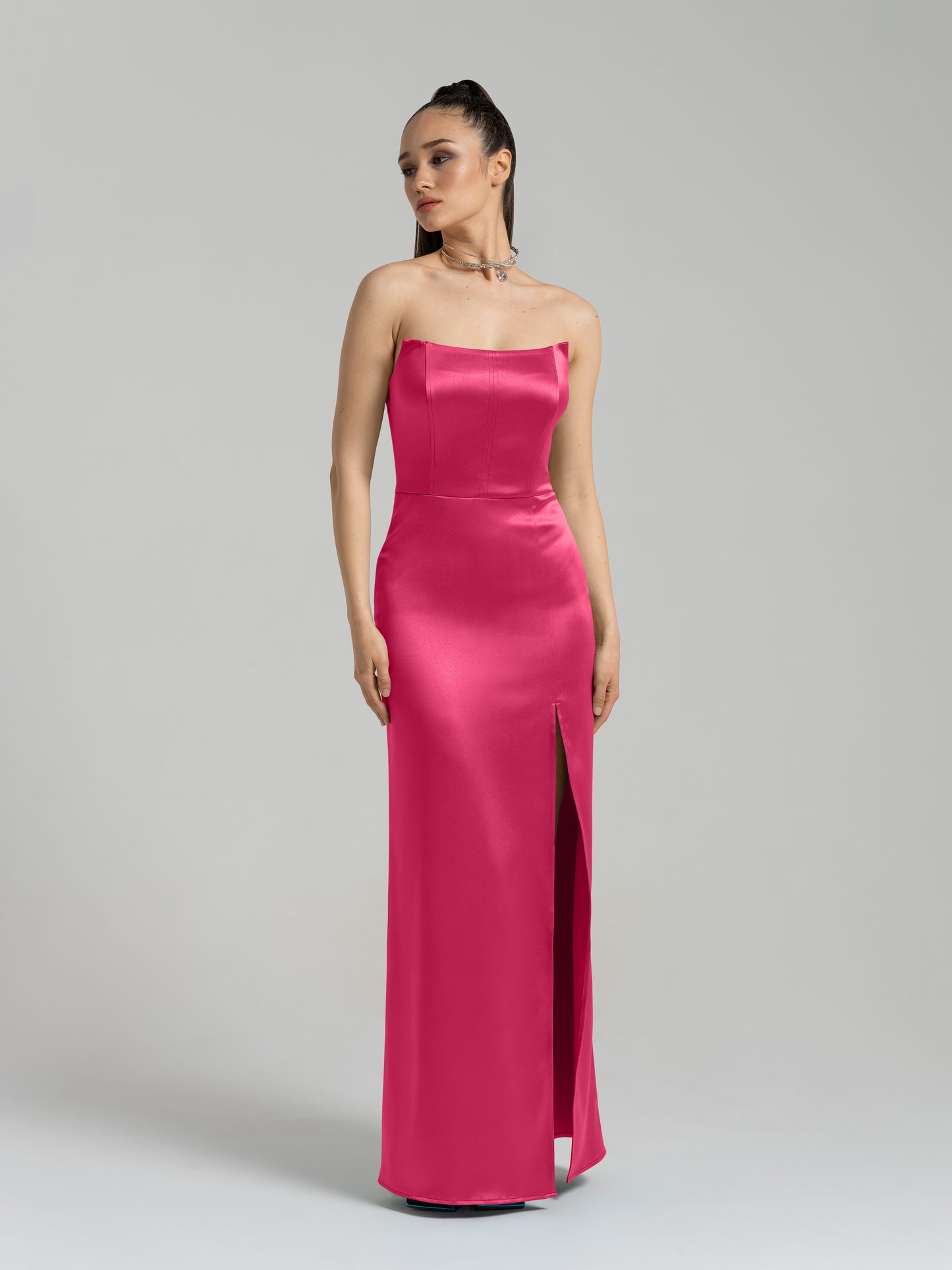 Queen of Hearts Satin Maxi Dress - Hot Pink by Tia Dorraine Women's Luxury Fashion Designer Clothing Brand