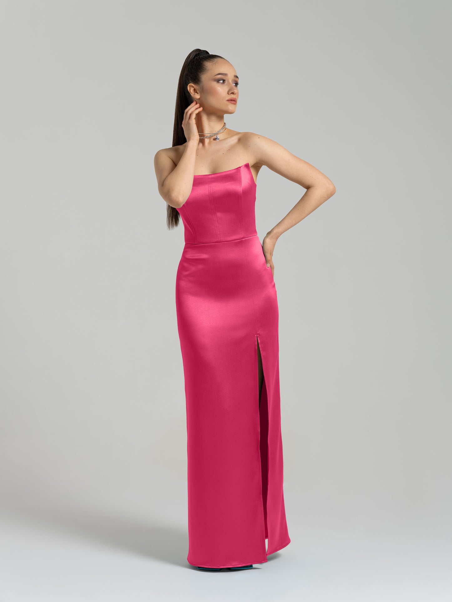 Queen of Hearts Satin Maxi Dress - Hot Pink by Tia Dorraine Women's Luxury Fashion Designer Clothing Brand
